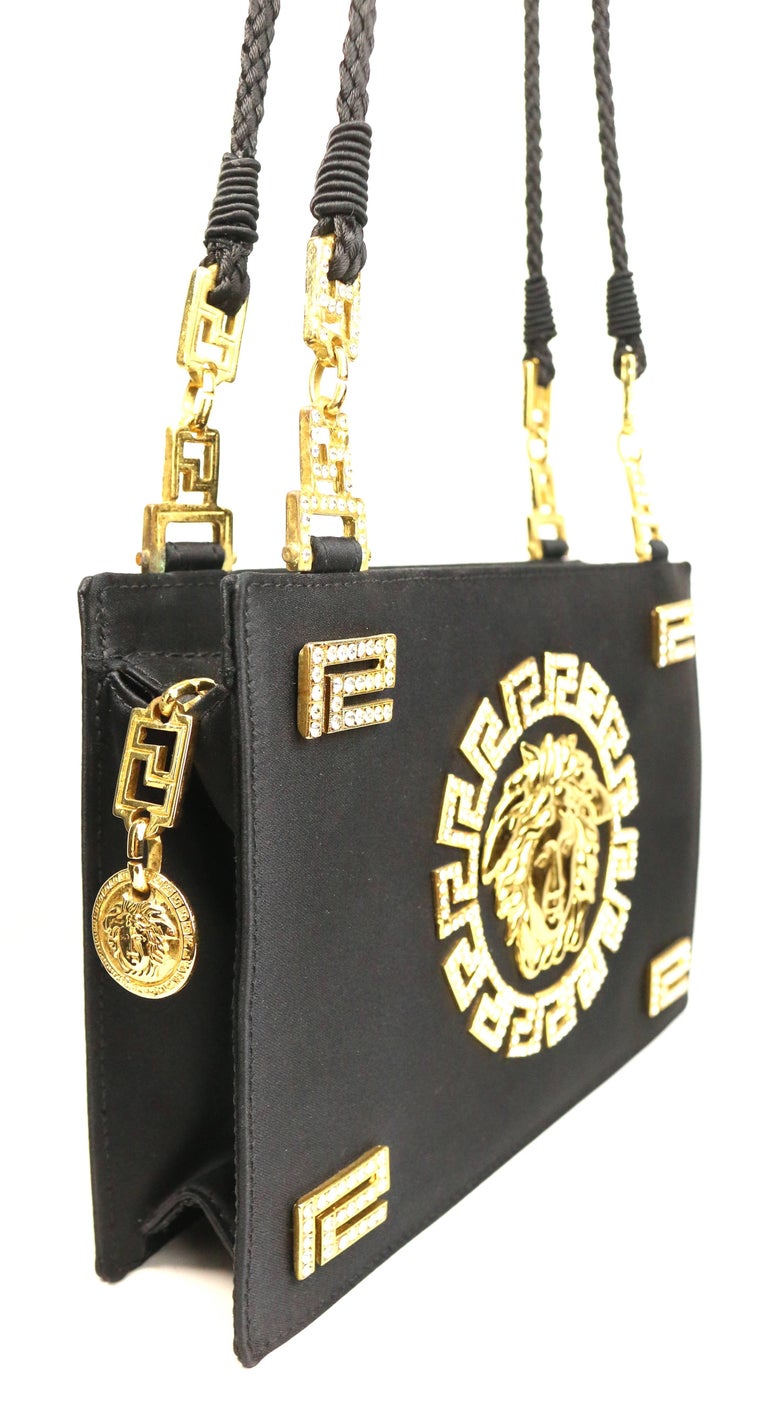 Gianni Versace Couture Black Satin Gold and Rhinestone Medusa Shoulder