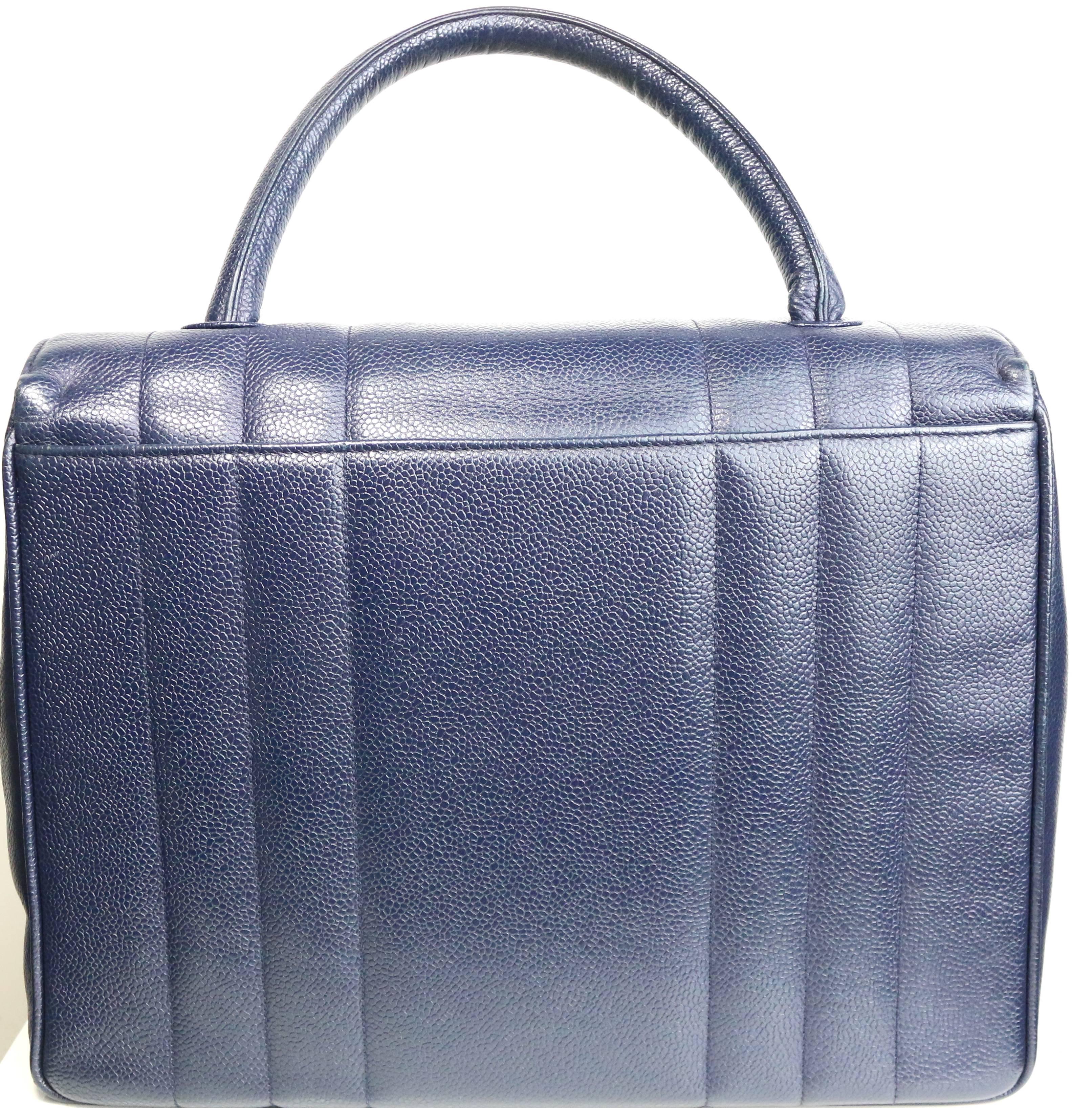 Gray Chanel Classic Navy Blue Caviar Leather Flap Handbag