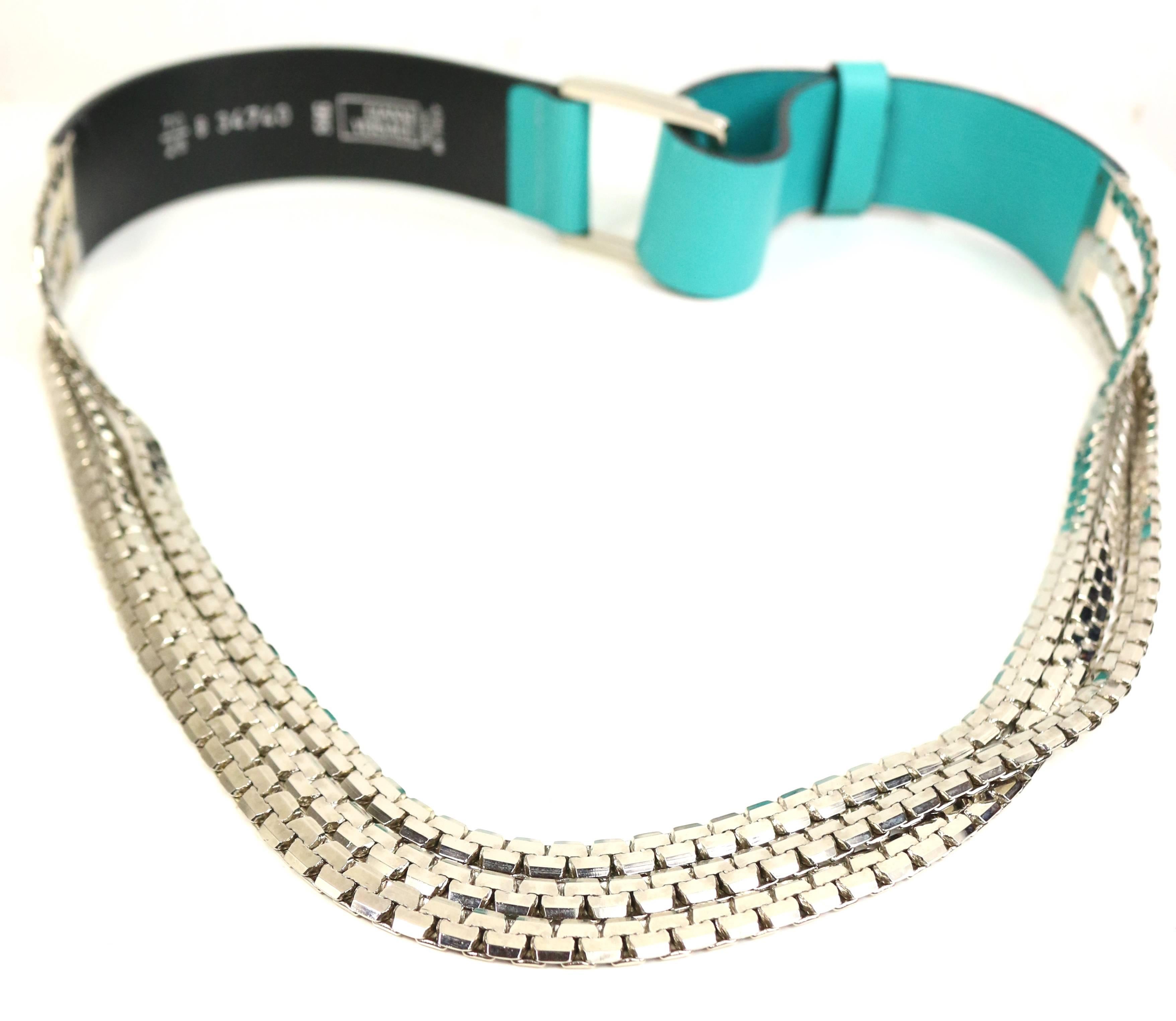 - Vintage 90s Gianni Versace turquoise with three strand silver toned hardware chain belt. 

- Made in Italy. 

- Length: 36 inches long. Width: 1.5 inches. 

