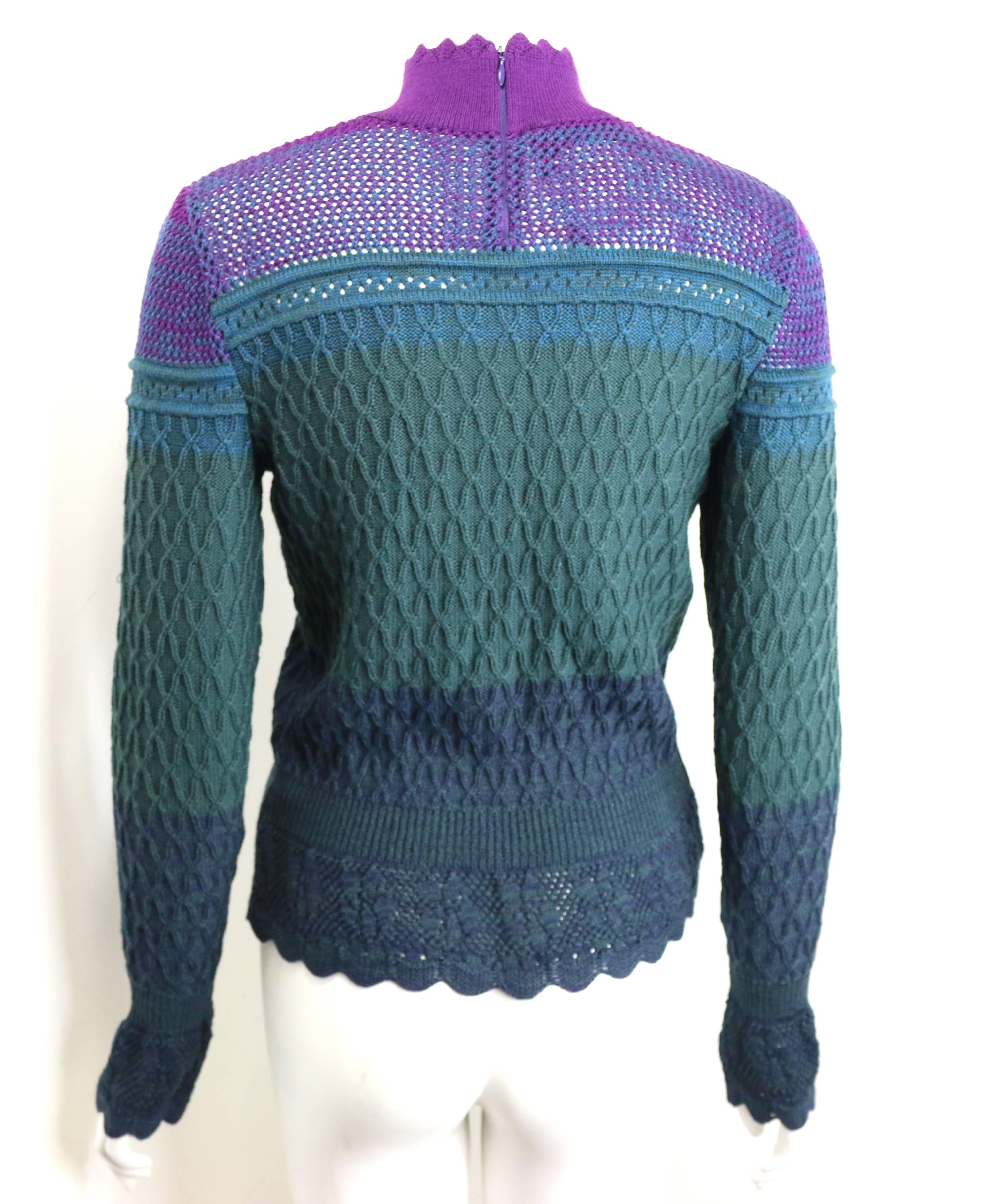 Women's Christian Lacroix Purple/Green/Blue Knitted Pattern Wool Mock Neck Top