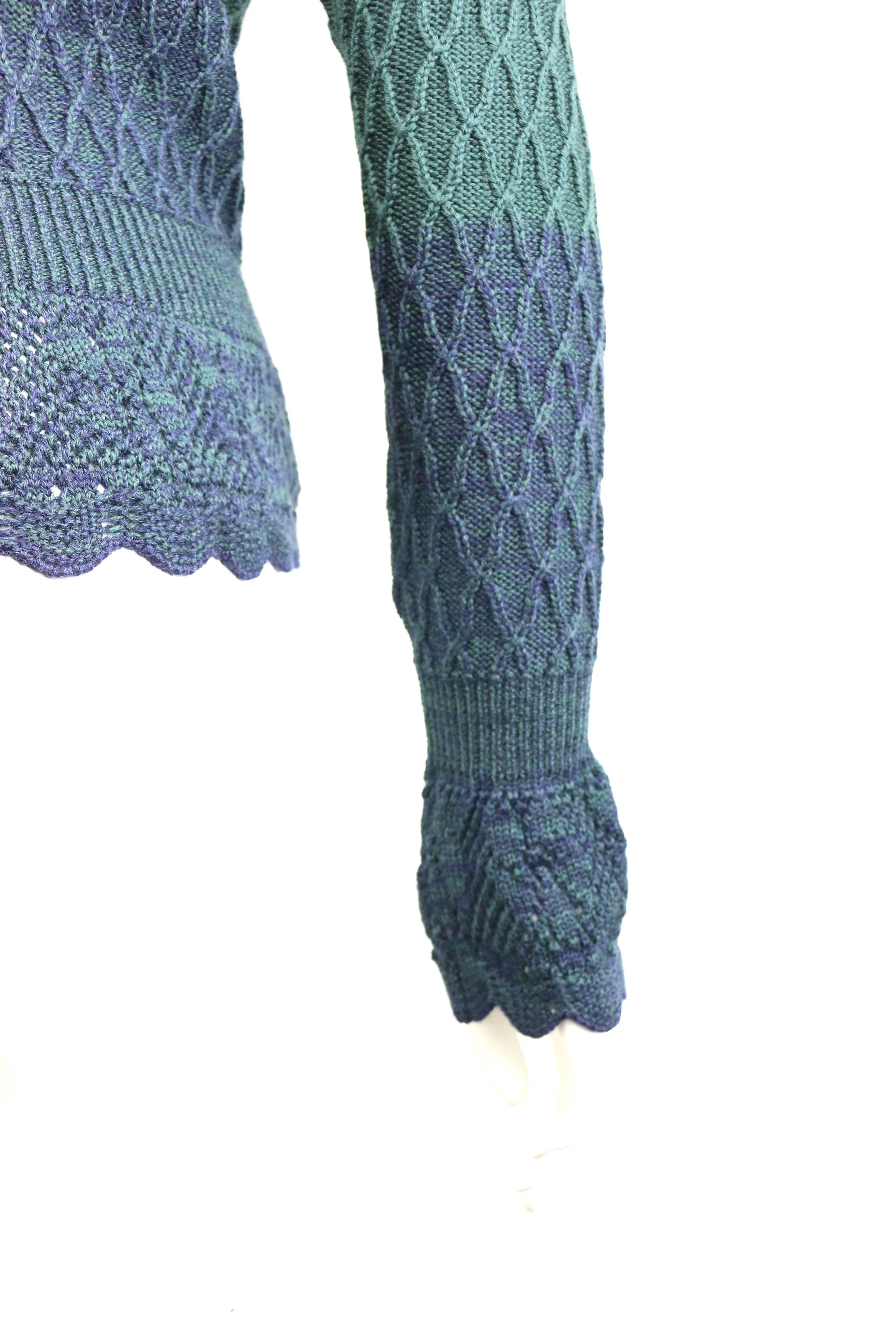 Christian Lacroix Purple/Green/Blue Knitted Pattern Wool Mock Neck Top 1