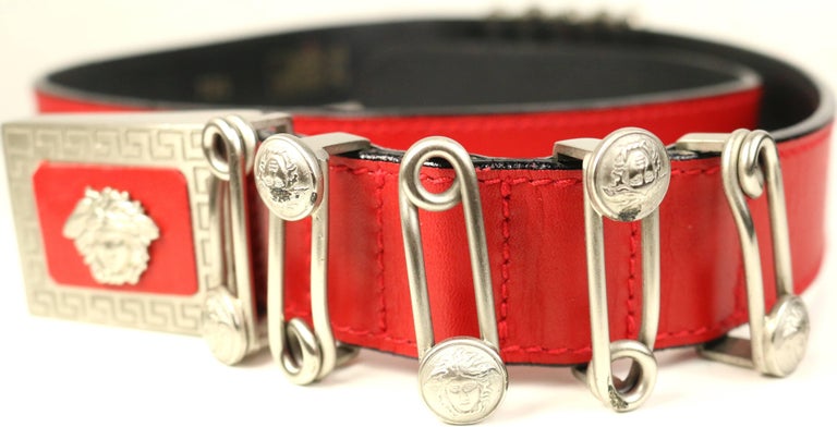 Vintage 90s Gianni Versace Red Leather Silver Medusa Pin Belt For