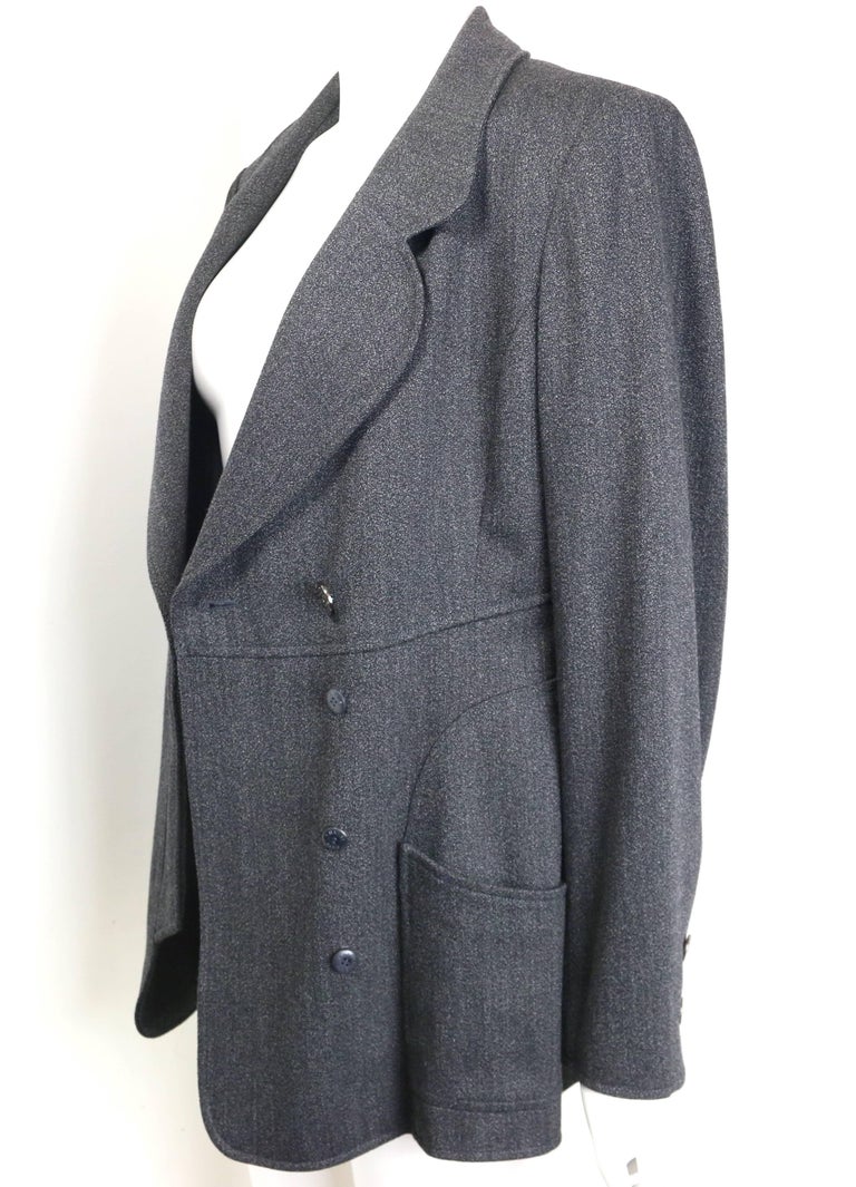 Gray Vintage Fall 1997 Chanel Grey Wool Double Breasted Jacket For Sale
