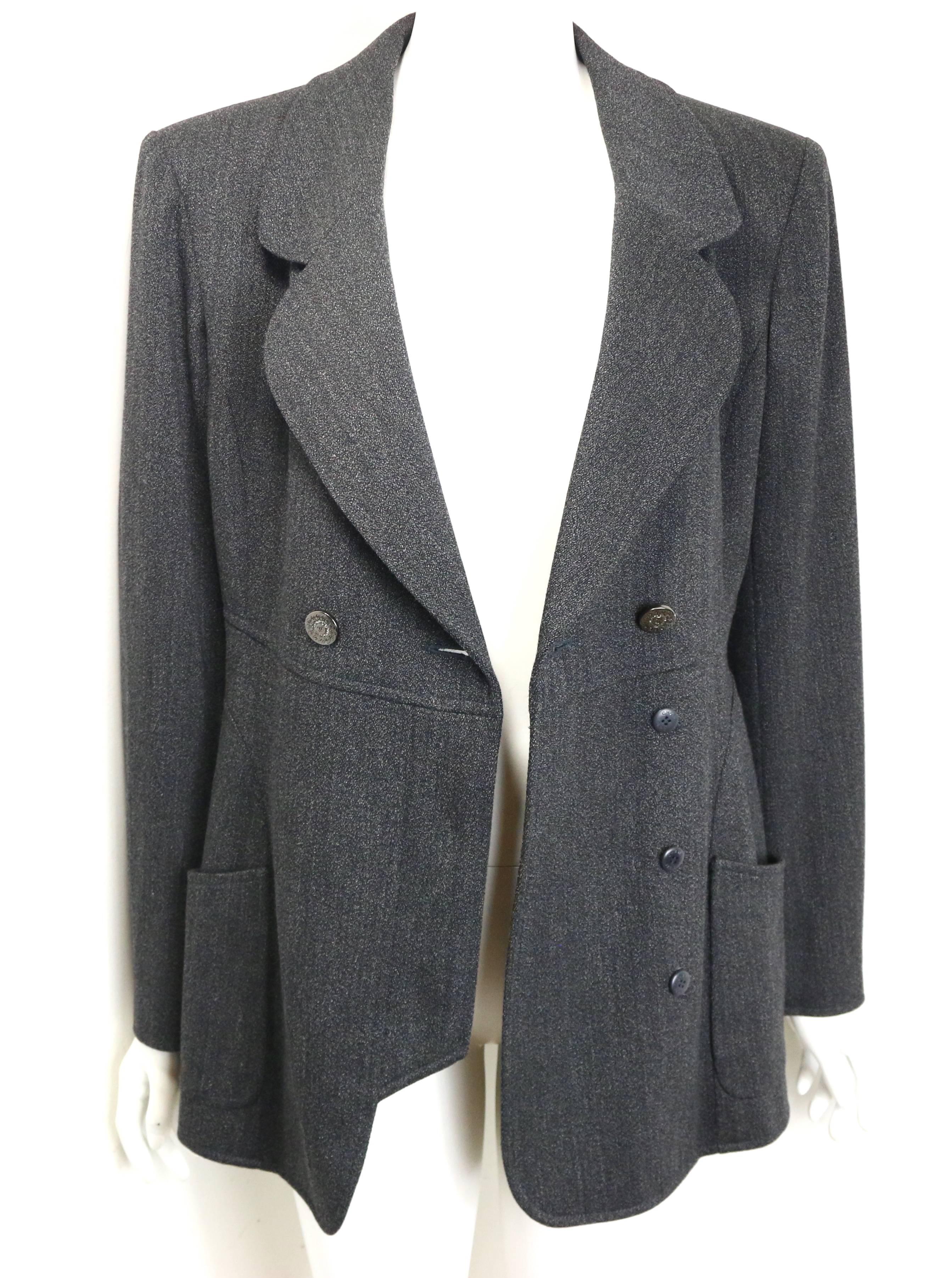 Gray Vintage Fall 1997 Chanel Grey Wool Double Breasted Jacket For Sale