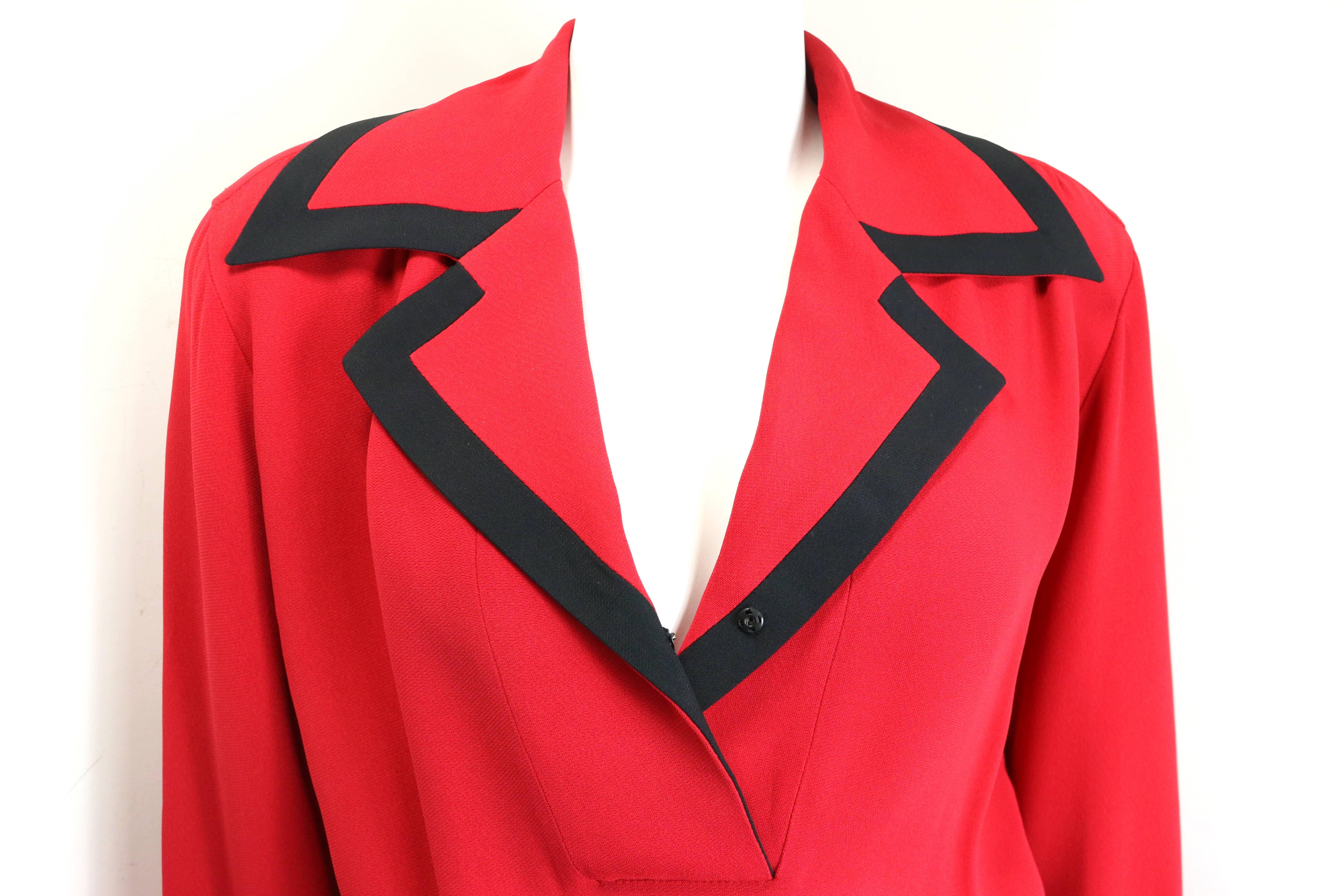 - Vintage 90s Moschino Couture red piping black trim long sleeves dress. 

- Collar lapel with snap button fastening. 

- Two piping black trim red open front pockets. 

- Cuffs button closure. Can flap the sleeves back in order to show the piping