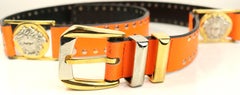 Gianni Versace Orange Lambskin Leather Gold/Silver Medusa Studs Belt