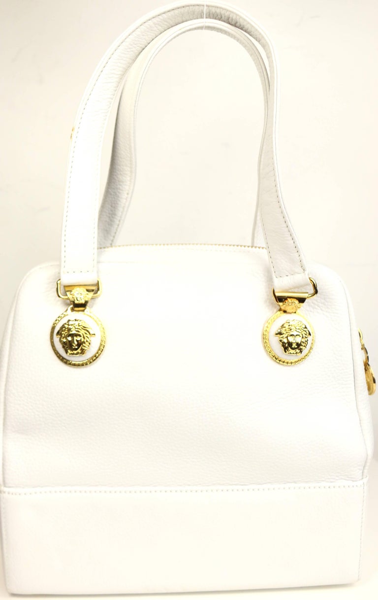 Versace La Medusa Gold Plaque White Leather Small Crossbody Tote Bag –  Queen Bee of Beverly Hills