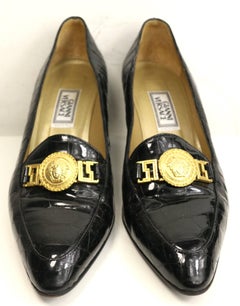 Vintage 90s Gianni Versace Black Croc Patent Leather Pointy Heels