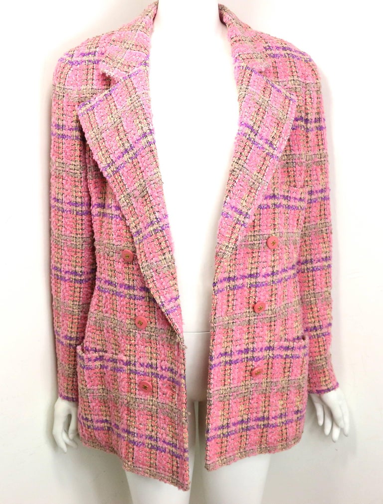 94 Chanel Pink Wool Multi Coloured Check Pattern Tweed Double Breasted  Jacket at 1stDibs
