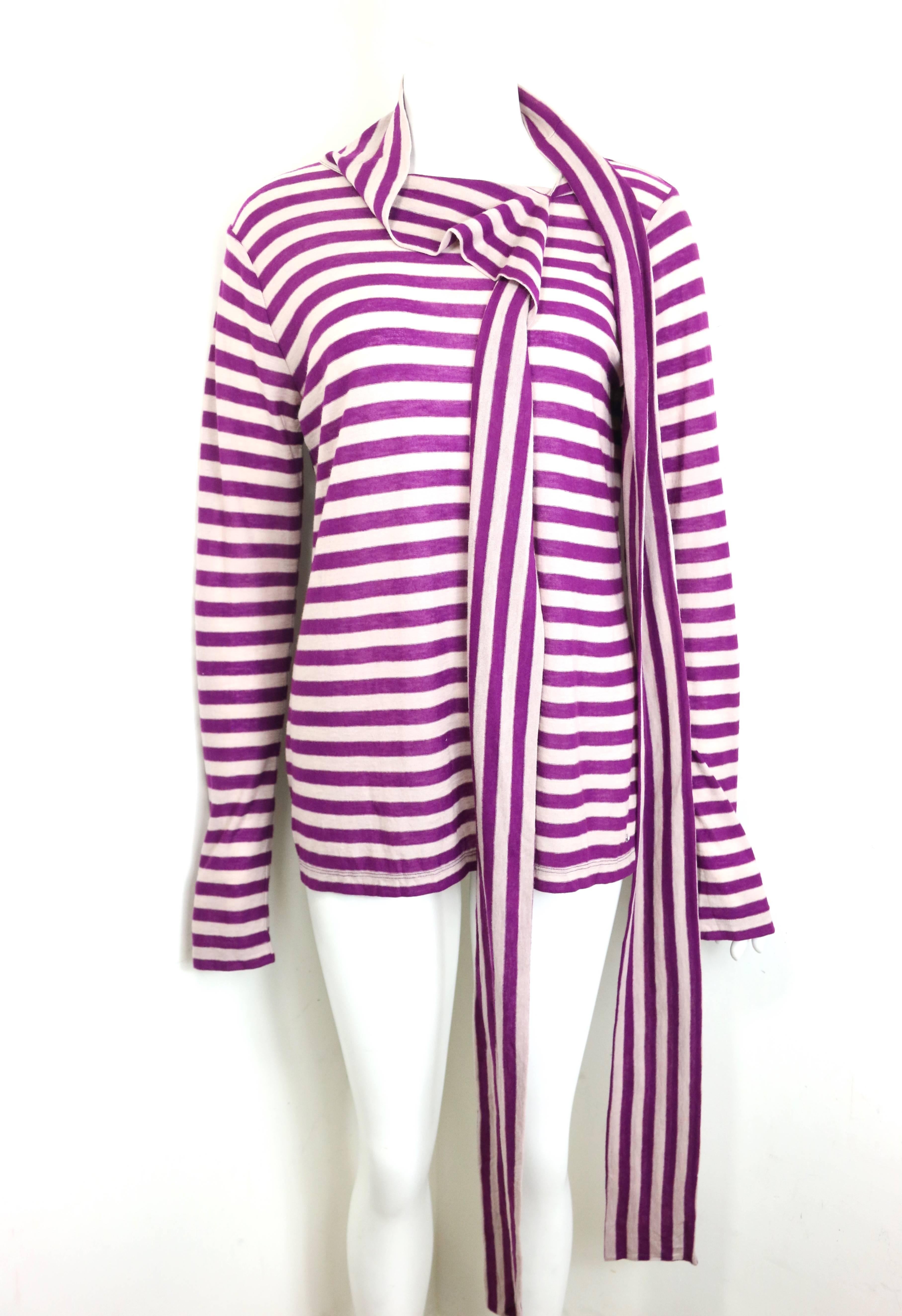 - Sonia Rykiel purple and white horizontal stripe wool pullover top. 

- High neck with a long extension scarf . 

- Five buttons closure on the cuff. 

- Size L. 

- 70% Lyocell, 30 % Wool. 

