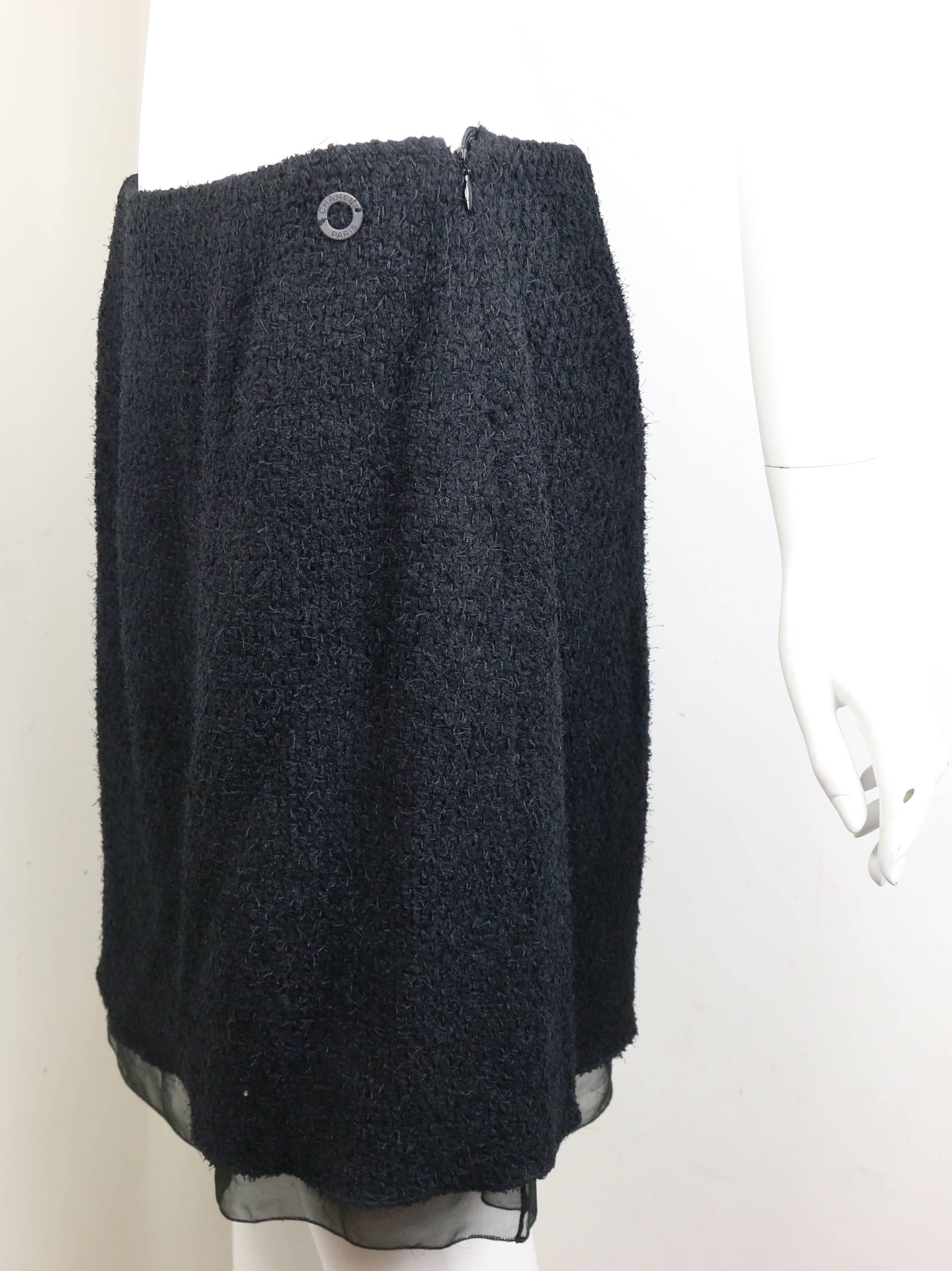Chanel Black Nylon/Wood Tweed Jacket and Skirt Ensemble with Silk Extension  For Sale 4
