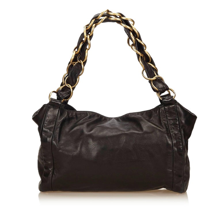 Chanel Black Leather Fold Top Gold Chain Strap Tote Bag For Sale at 1stdibs