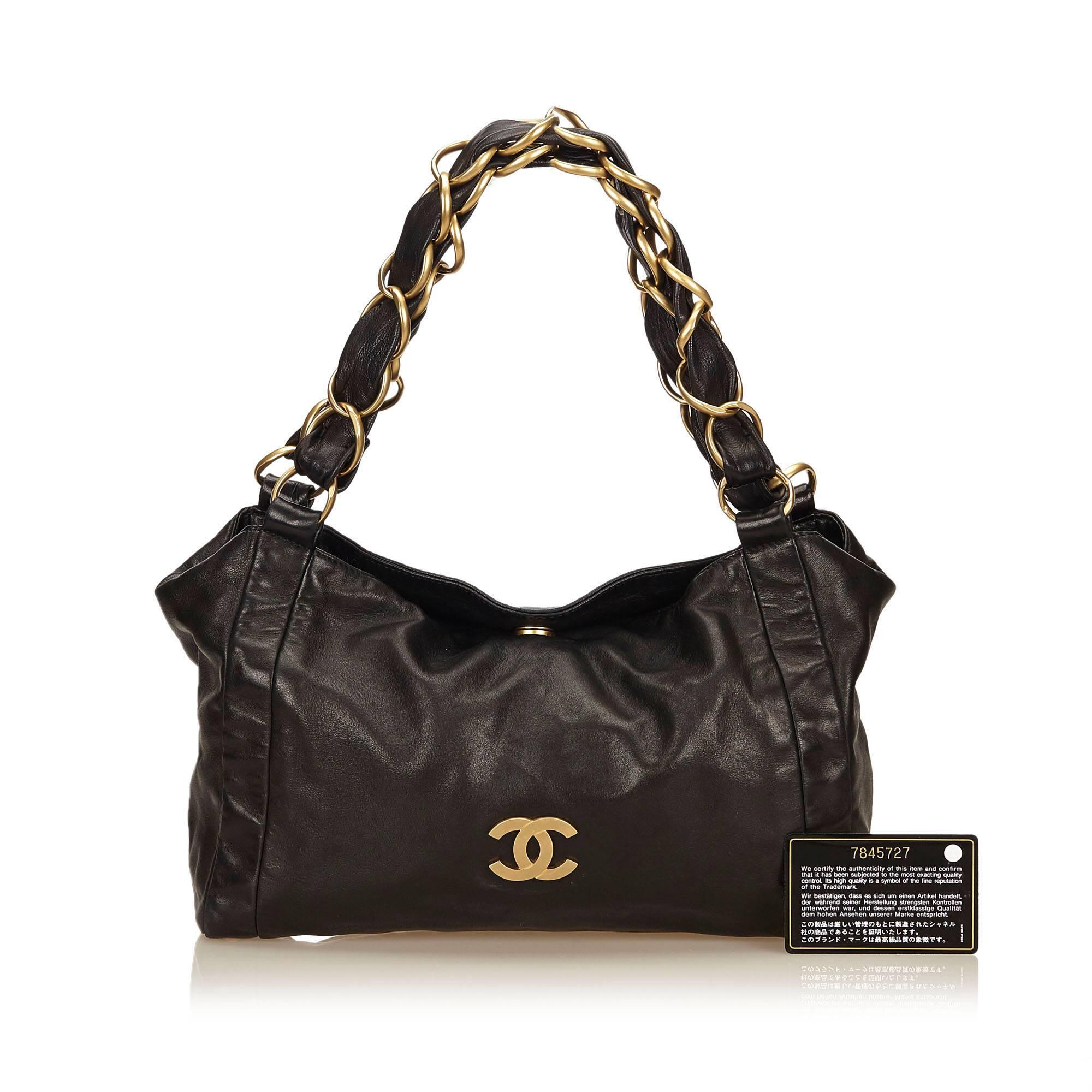Chanel Black Leather Fold Top Gold Chain Strap Tote Bag 2