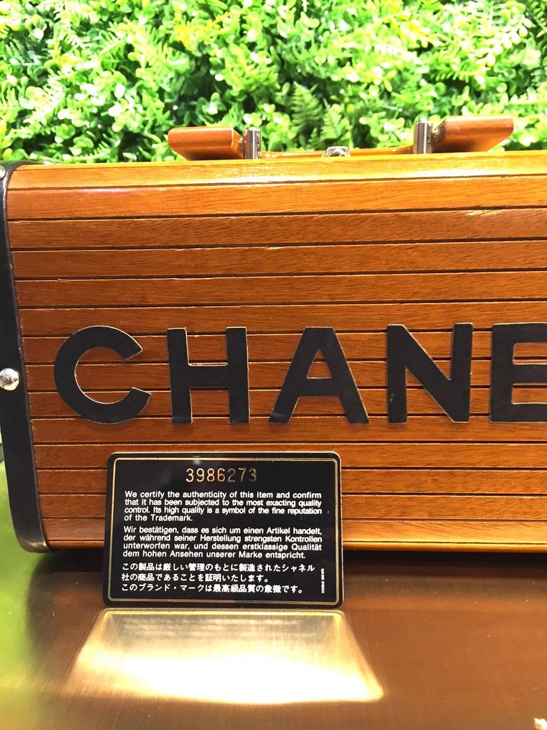 Chanel Wood Vanity Hand Bag Leather Brown Black Silver Metal Fittings  Vintage Wood Vanity