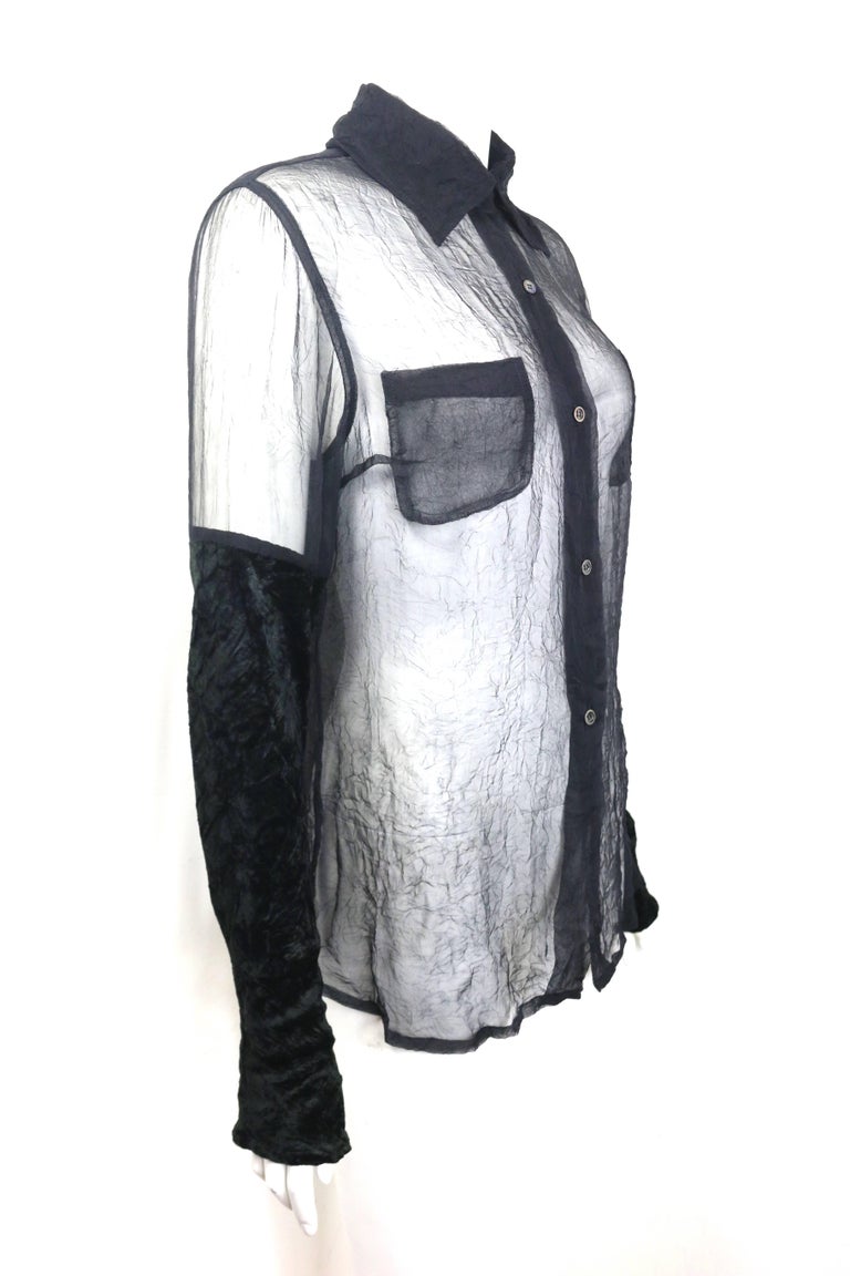 Women's Vintage 90s Costume National Black Silk See Through with Velvet Sleeves Shirt For Sale