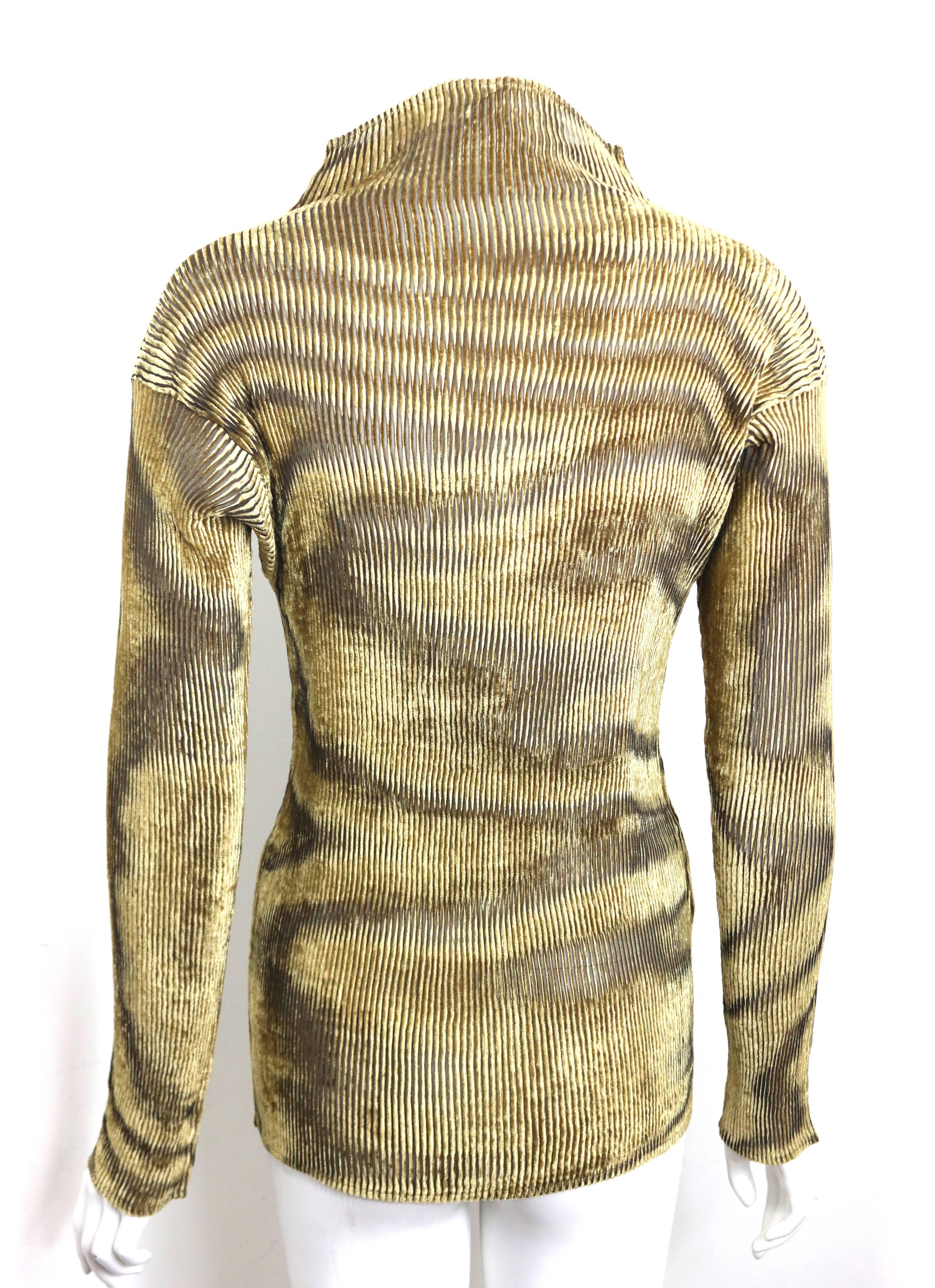 Brown Issey Miyake Gold Velvet Plasma Wave Pattern Long Sleeved High Neck Top 