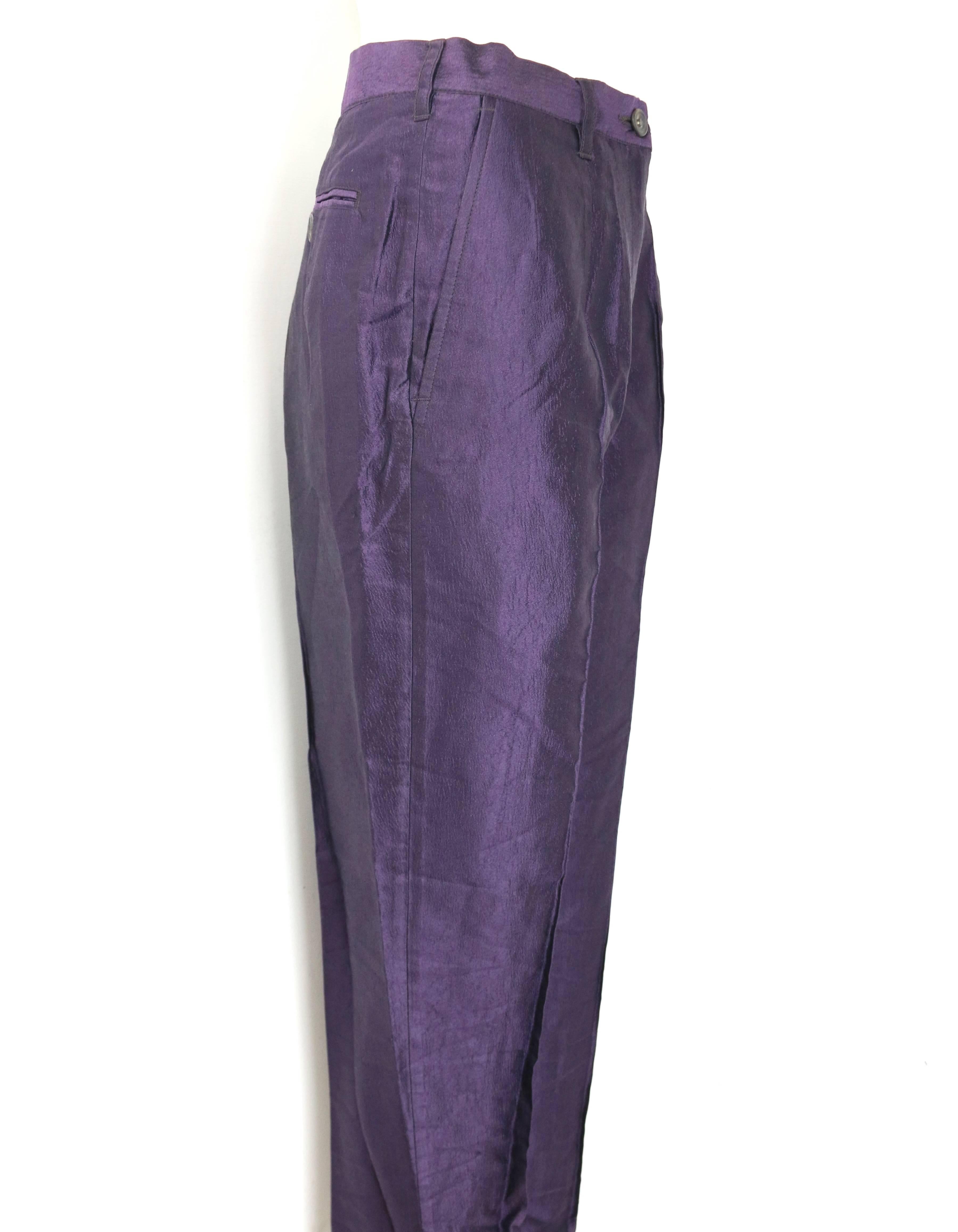 - Vintage 90s Dries Van Noten purple silk pants. 

- Deliberately creased effect. 

- Straight leg carrot style cutting. 

- Button and zip fly fastening. One back pocket with button closure. 

- Belt Loop. 

- Side pockets.

- Center Crease. 

-