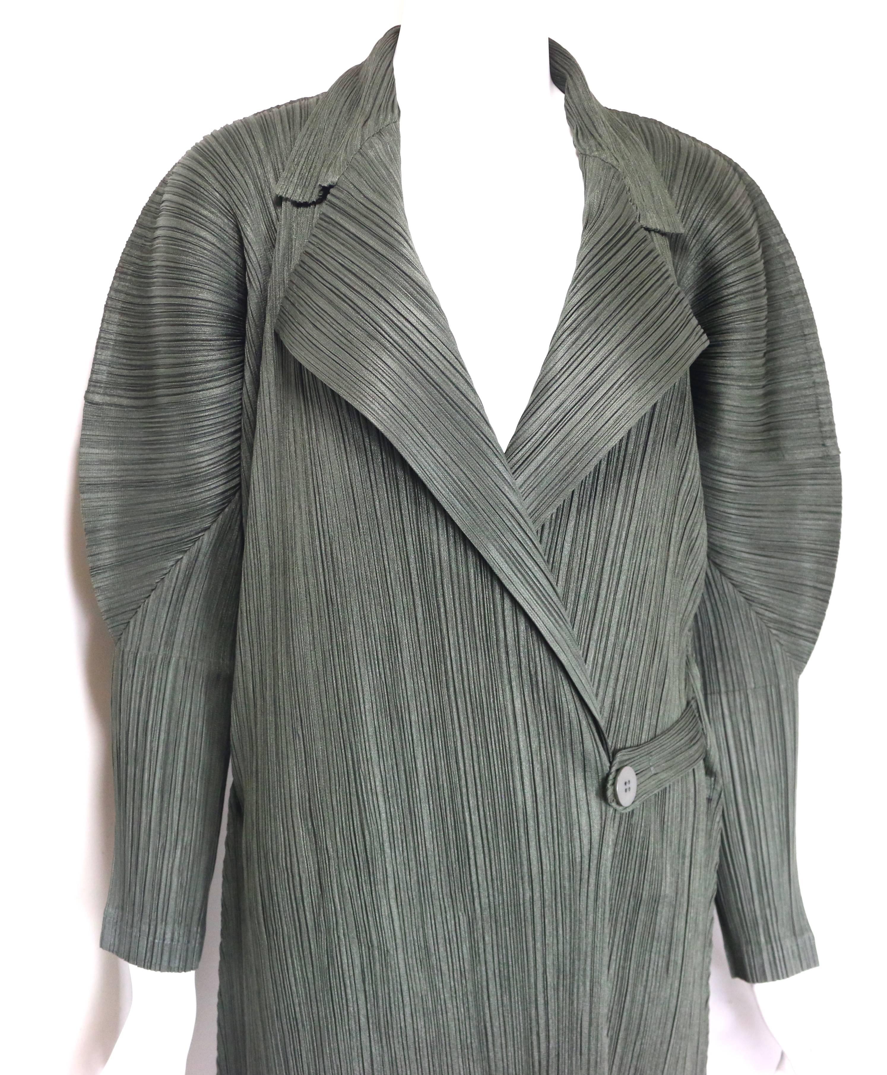 Gray Issey Miyake Pleats Please Green Pleated Long Belted Coat  