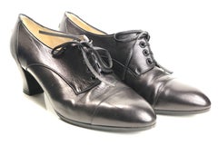 Chanel Black Lambskin Leather Lace-Up Oxford Heels Shoes