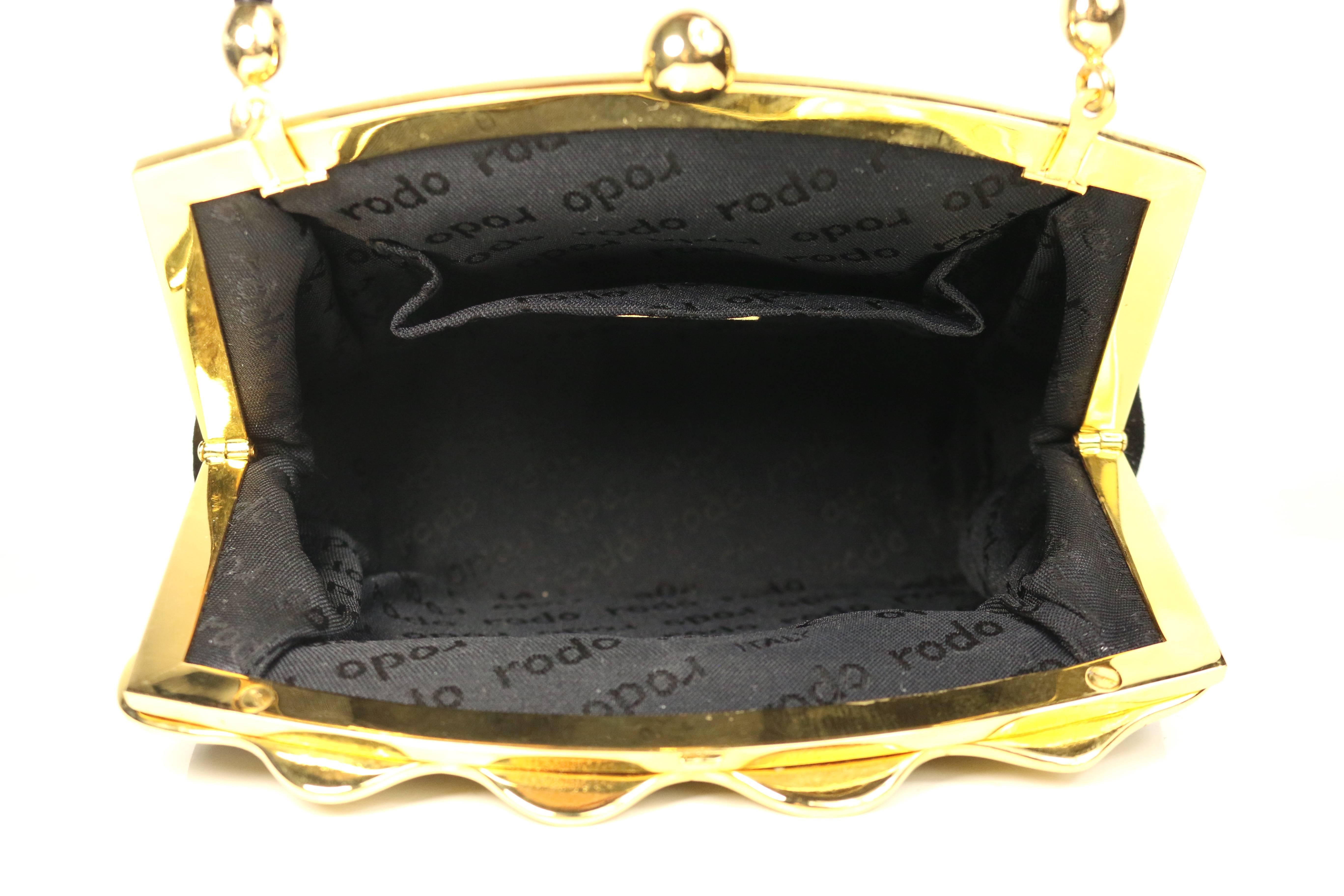 Rodo Black Suede Gold Toned Rhinestones Evening Clutch Shoulder Bag In Excellent Condition In Sheung Wan, HK
