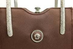 Vintage 90s Gianni Versace Couture Brown Satin Rhinestones Medusa Handbag