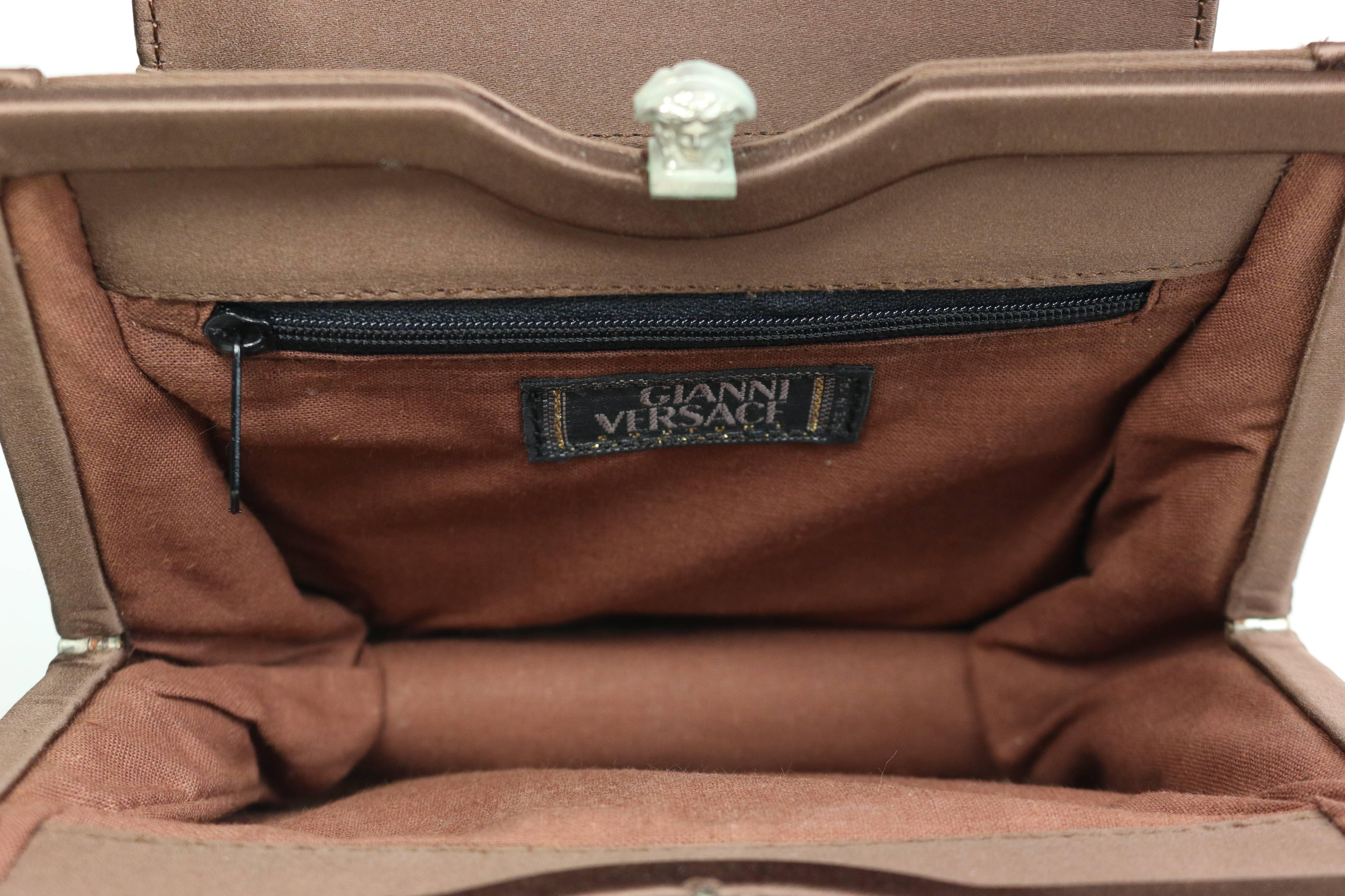 Vintage 90s Gianni Versace Couture Brown Satin Rhinestones Medusa Handbag For Sale 3