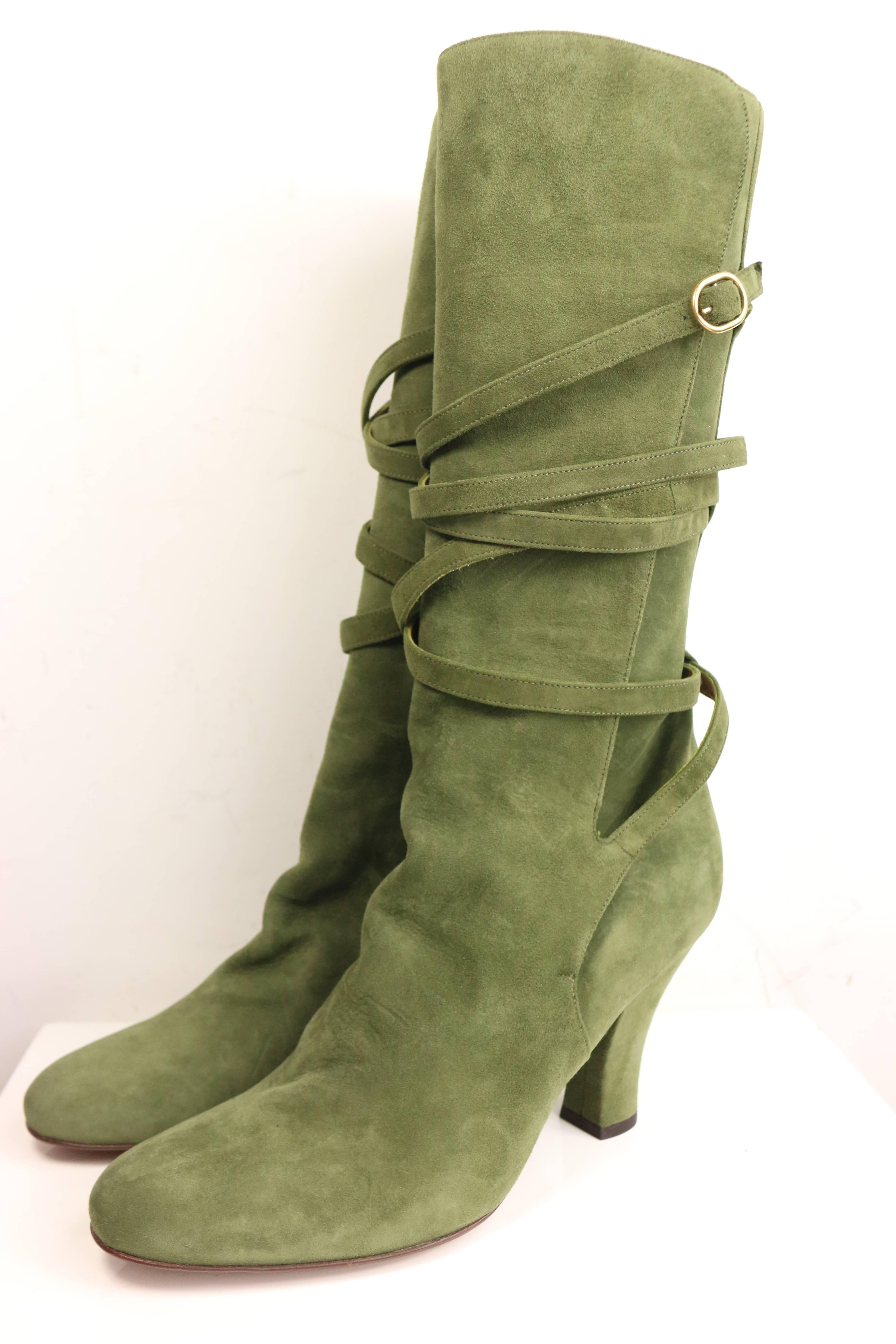 Brown YSL Green Suede Lace Up Boots
