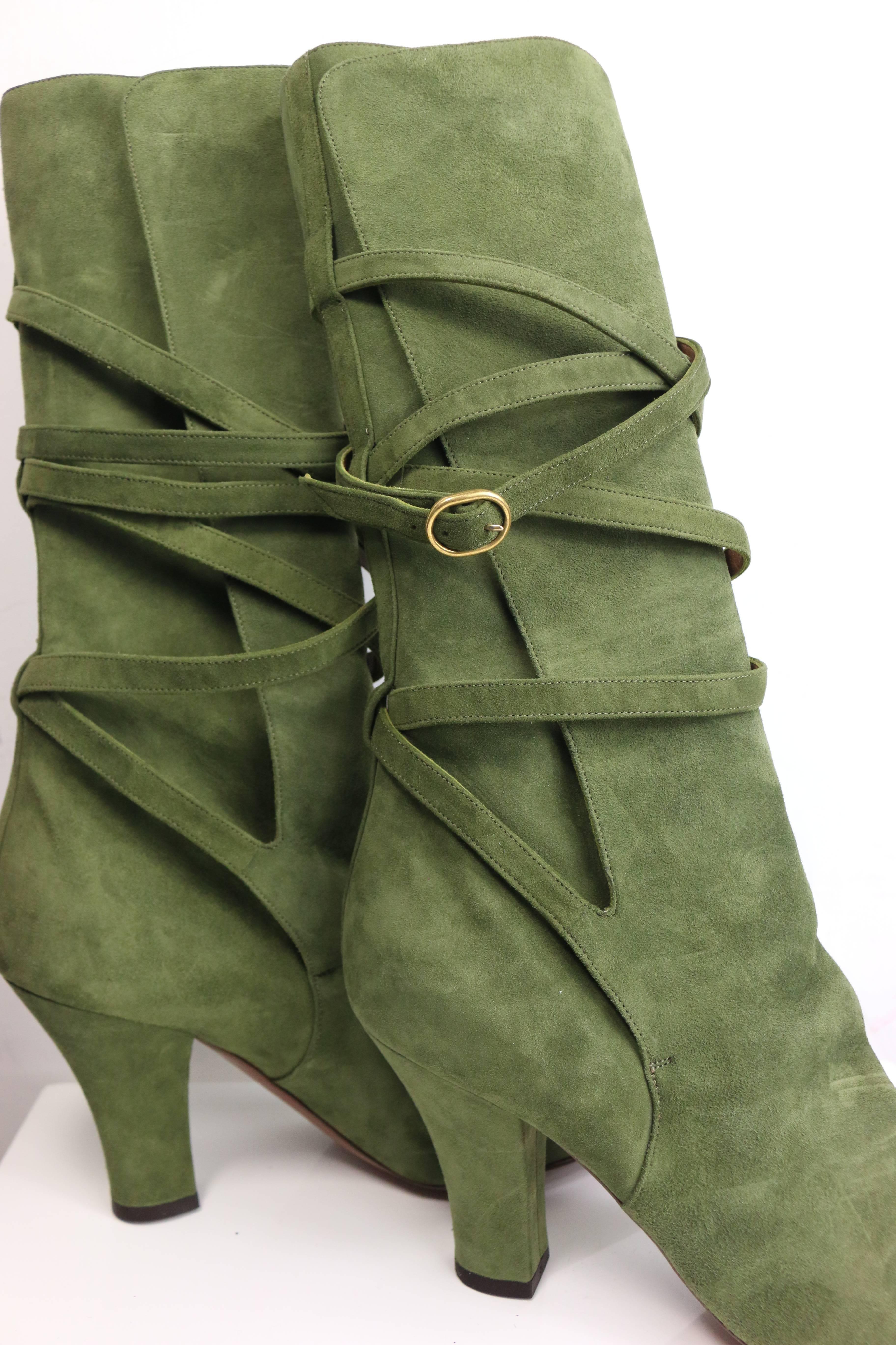 YSL Green Suede Lace Up Boots In New Condition In Sheung Wan, HK