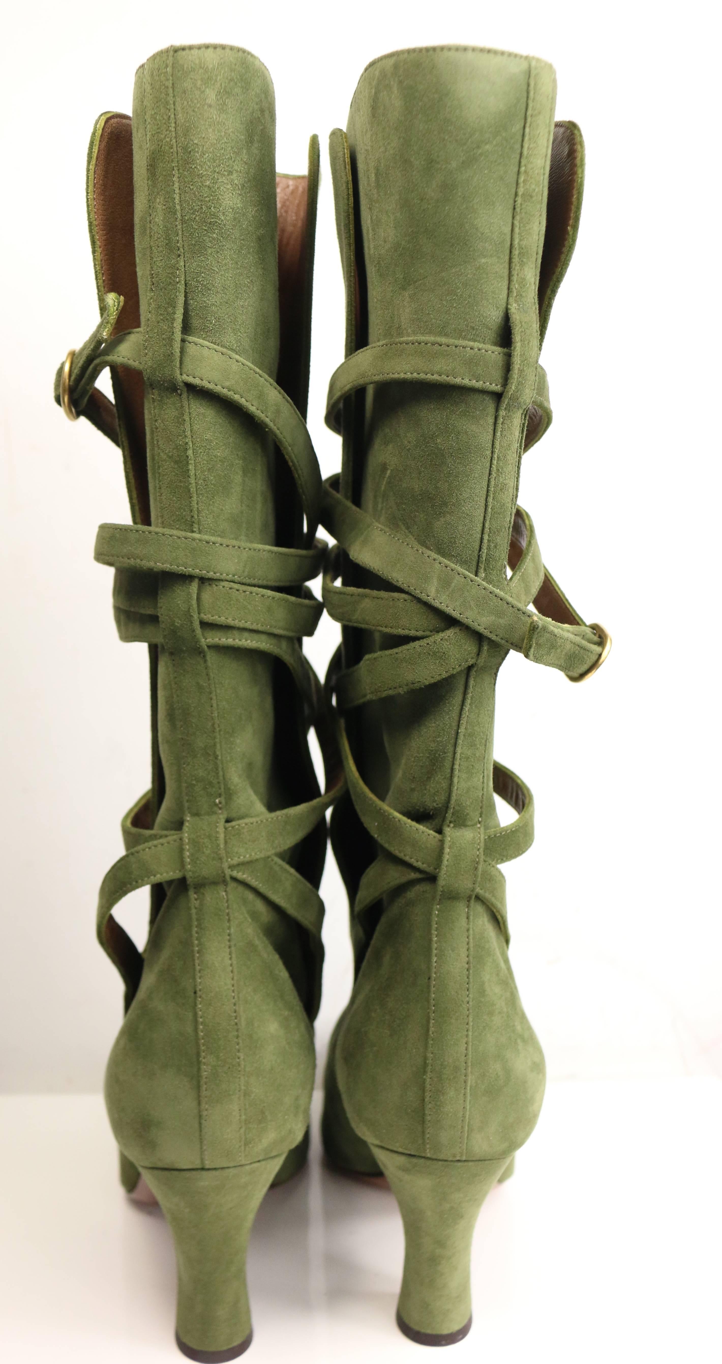 Women's YSL Green Suede Lace Up Boots
