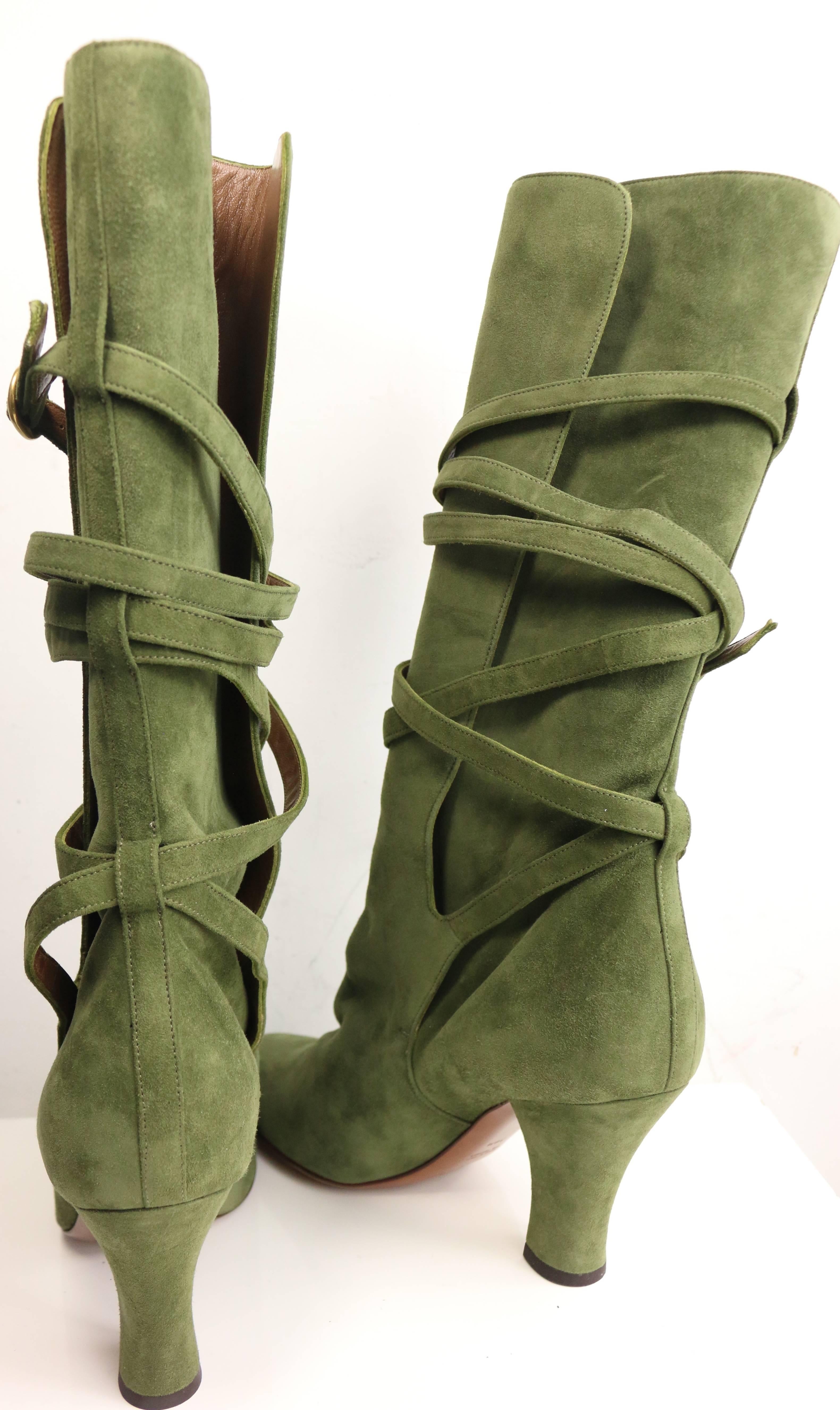 YSL Green Suede Lace Up Boots 1