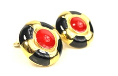 Escada Round Gold Toned Setting Black and Red Stud Clip On Earrings