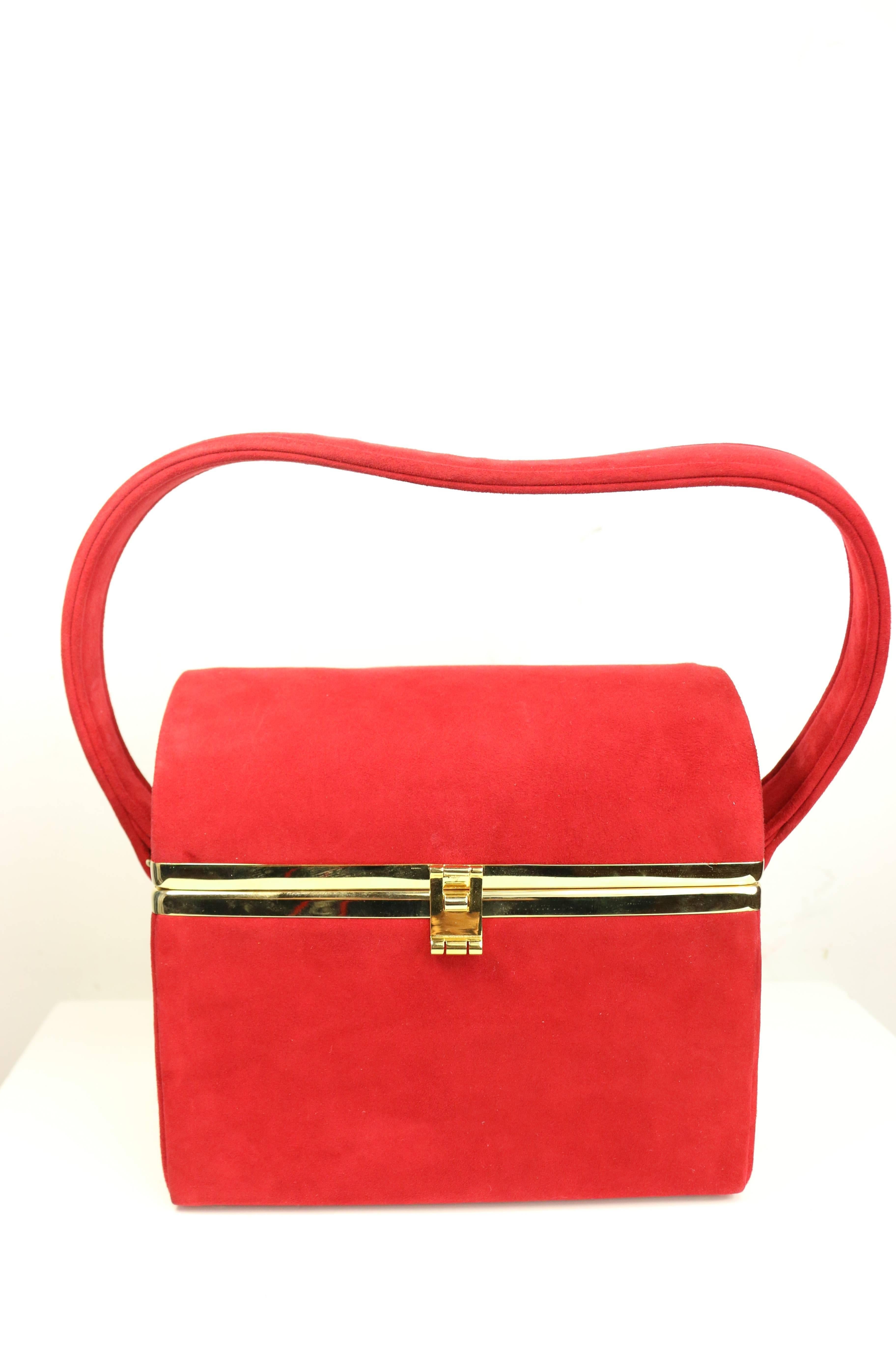 Vintage 80s Bruno Magli Red Suede with Gold Studs Vanity Handbag For ...