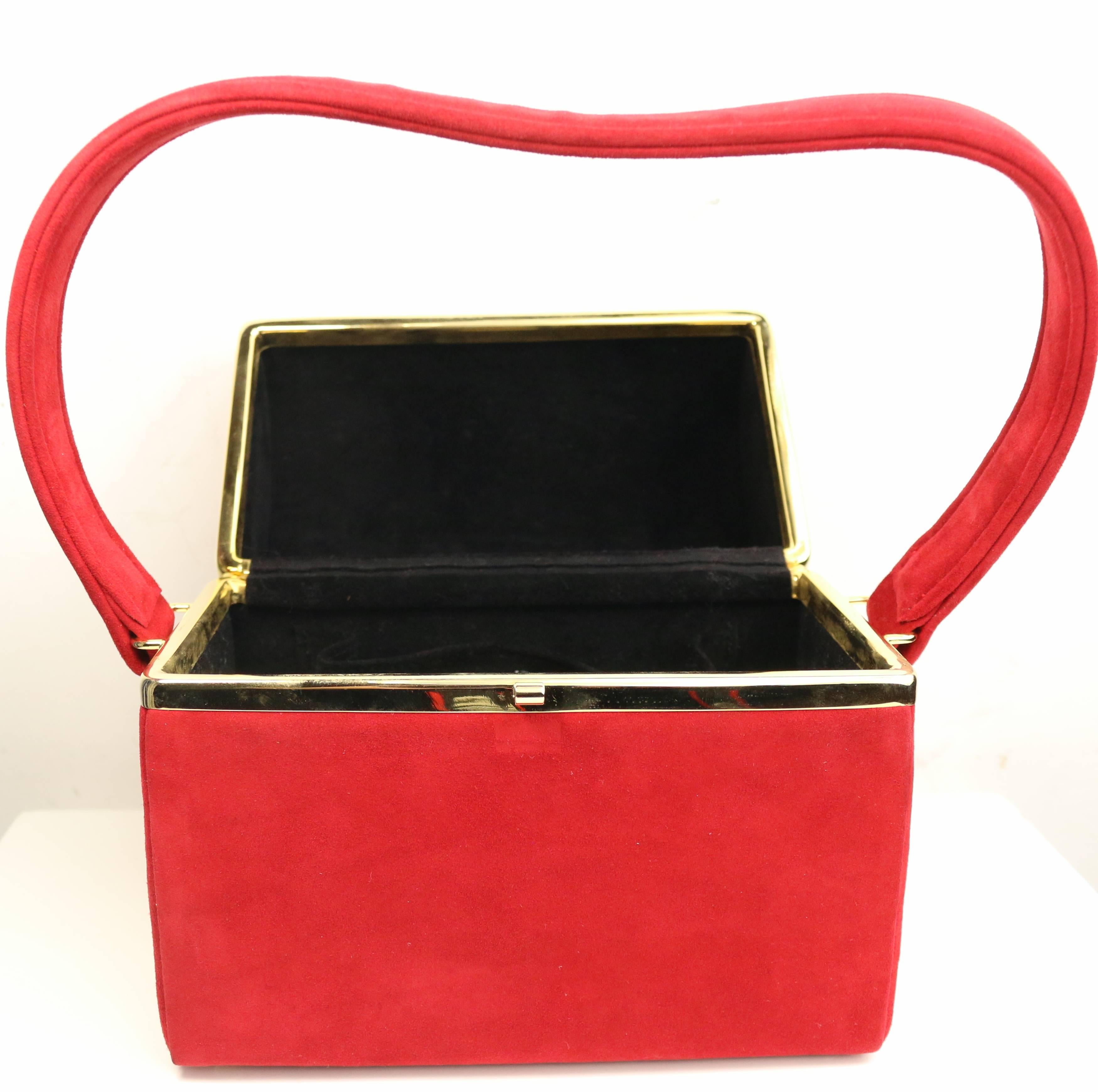 Vintage 80s Bruno Magli Red Suede with Gold Studs Vanity Handbag  In Excellent Condition For Sale In Sheung Wan, HK
