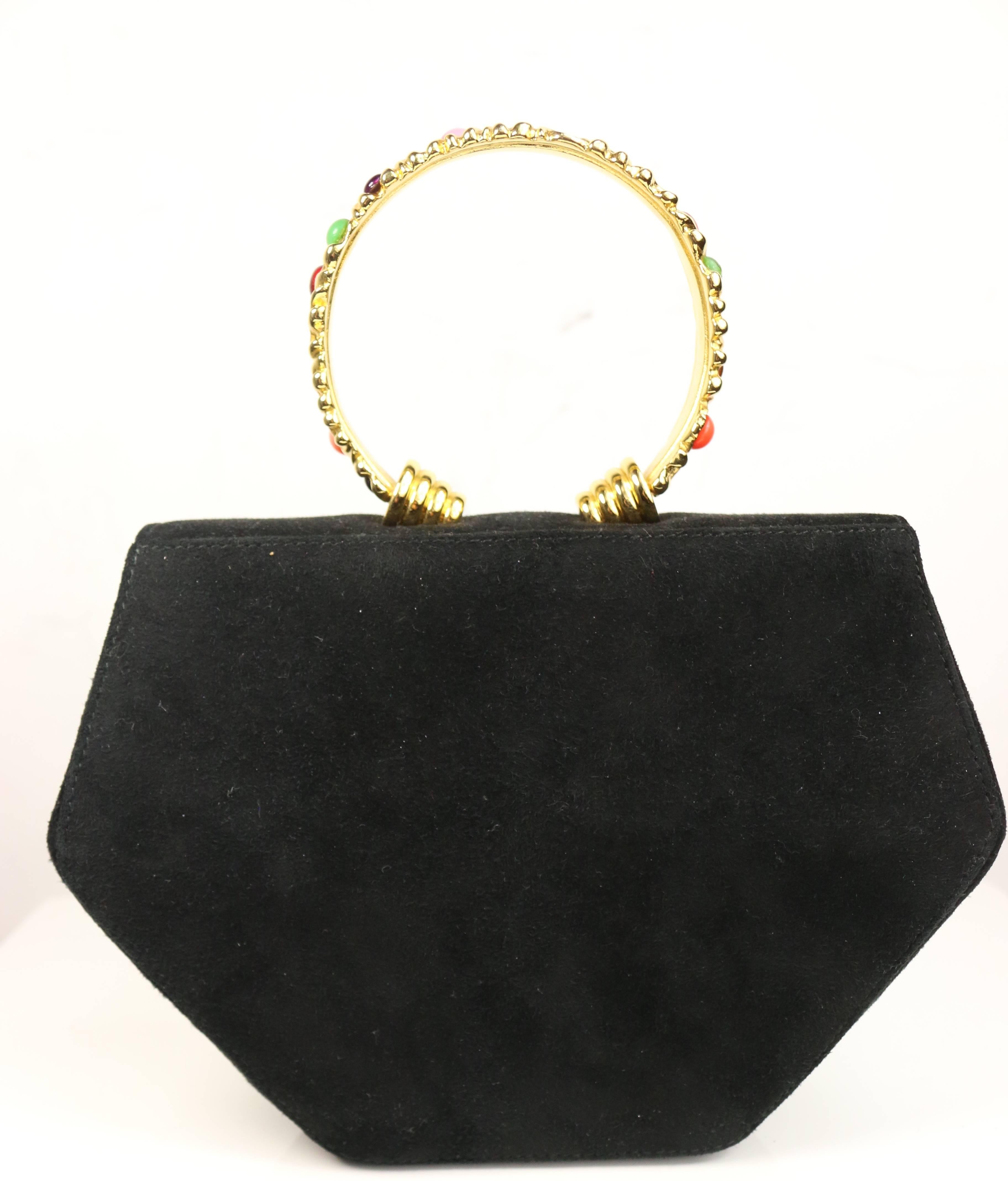 Women's Rodo Black Suede Gold Toned Handle with Colour Stones Octagon Shoulder Bag 