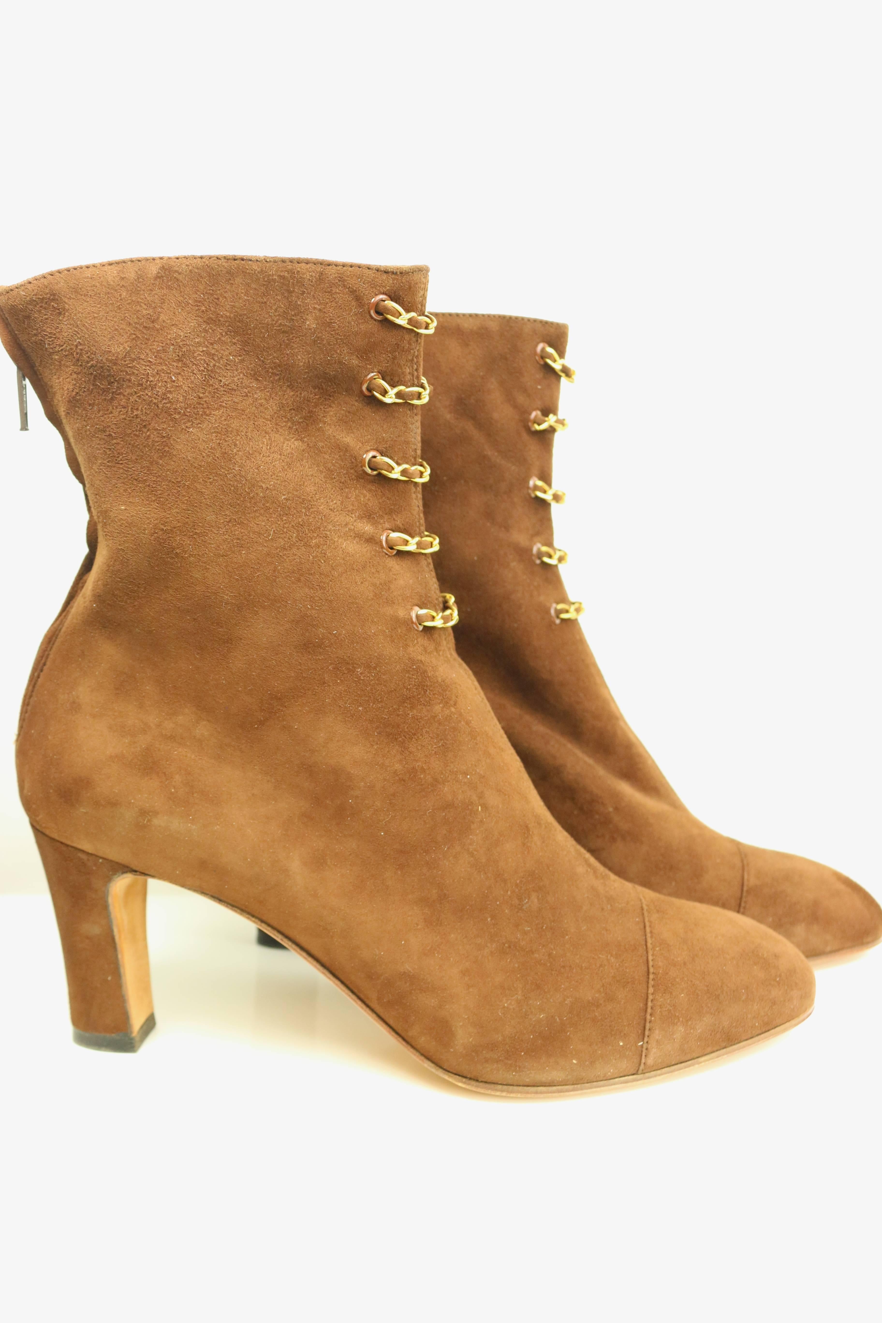 Chanel Brown Suede Gold Chain Panel Ankle Boots In New Condition In Sheung Wan, HK