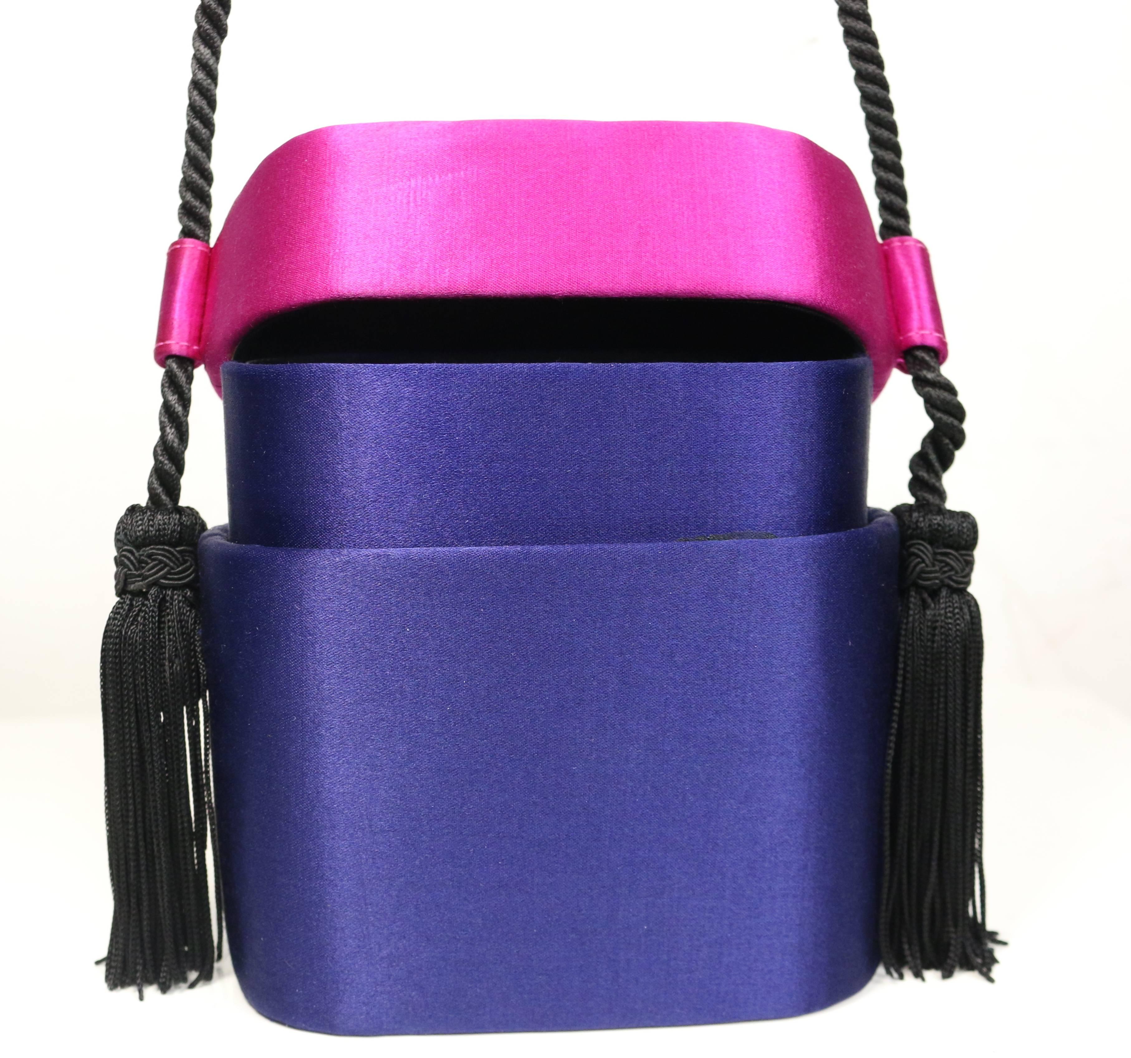 Purple Vintage 80s Escada Blue and Pink Silk Box Tassel Clutches Shoulder Bag