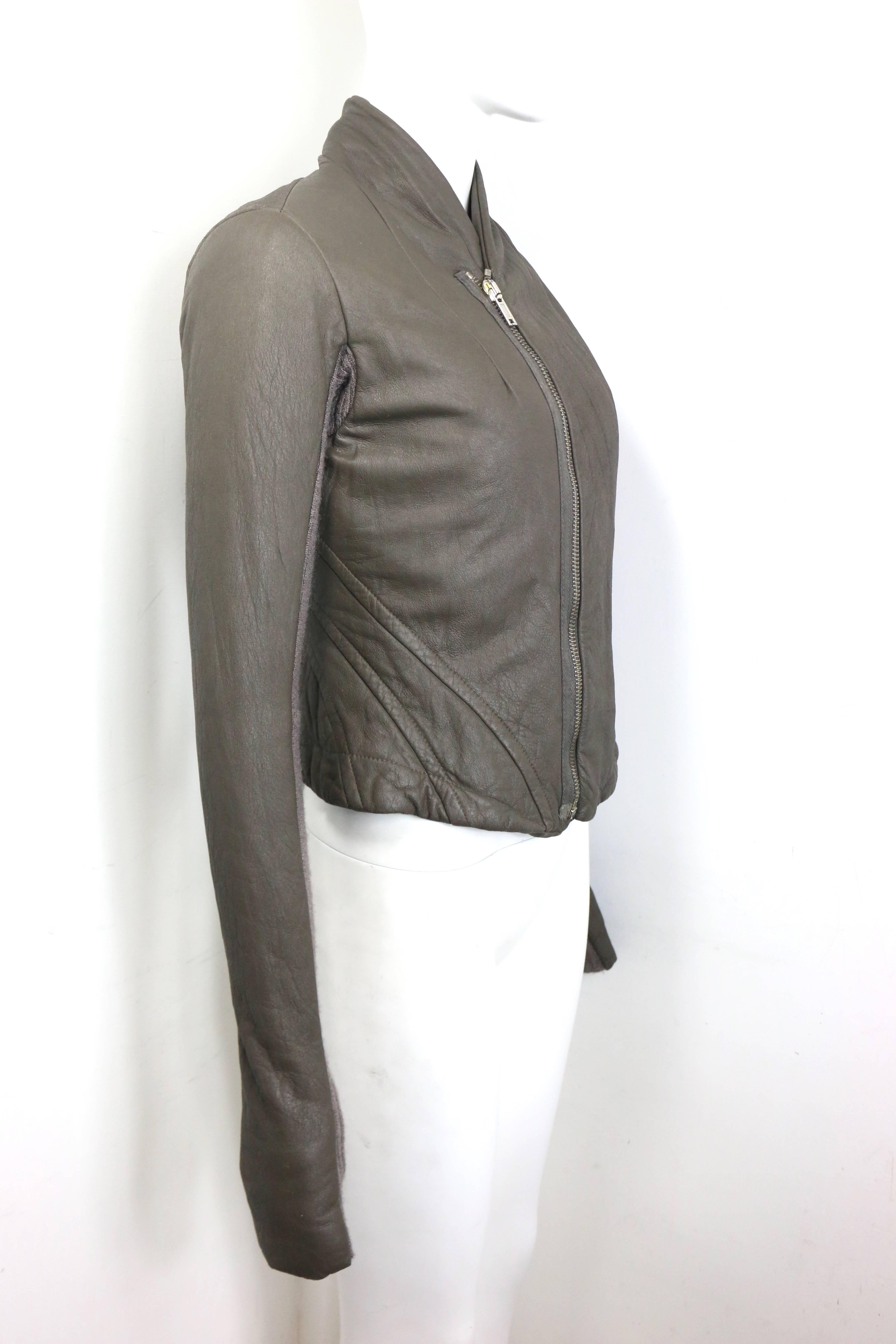 Gray Rick Owens Taupe Grey Distressed Leather with Knitted Wool Cropped Jacket 