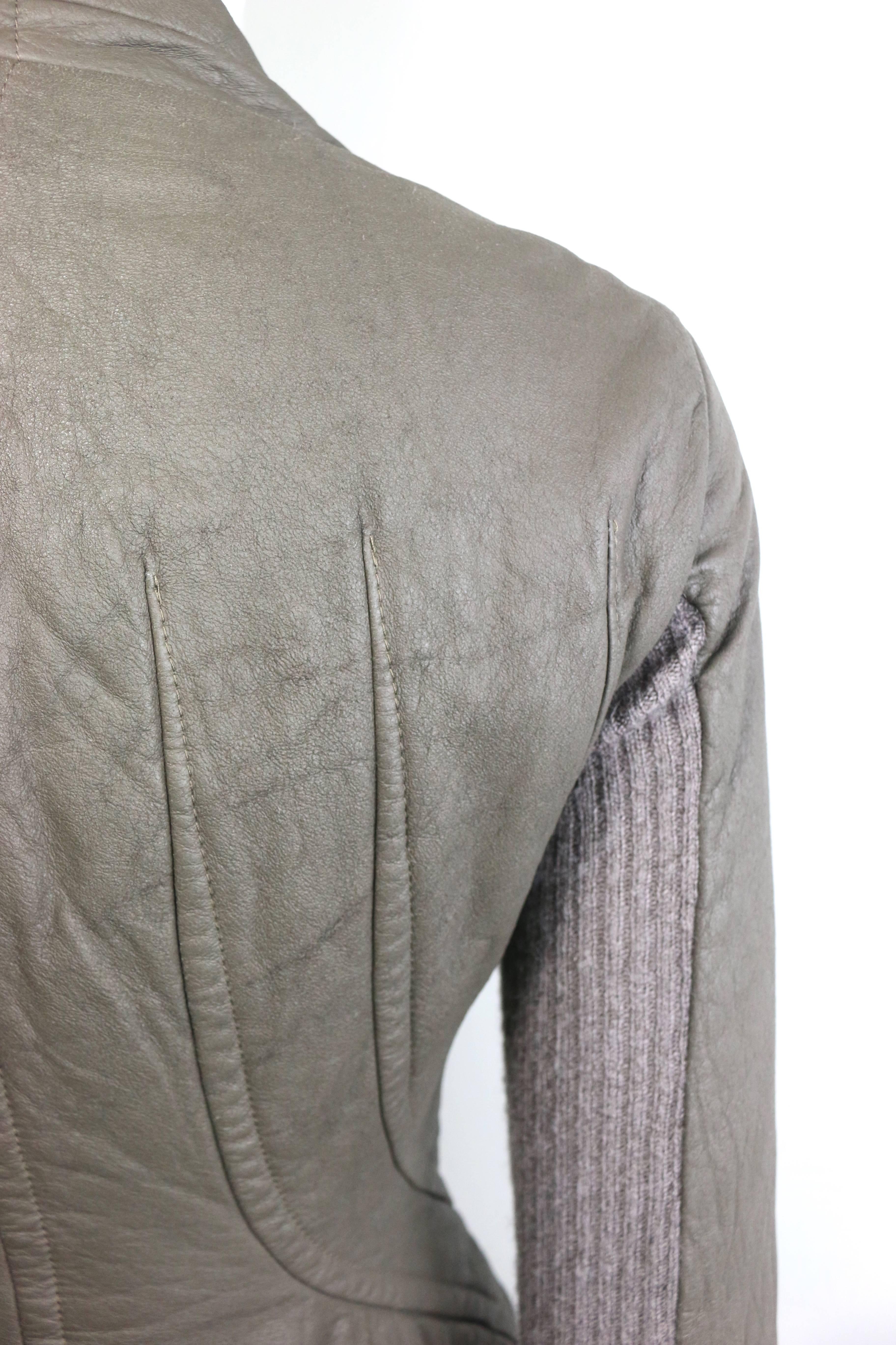 Women's Rick Owens Taupe Grey Distressed Leather with Knitted Wool Cropped Jacket 