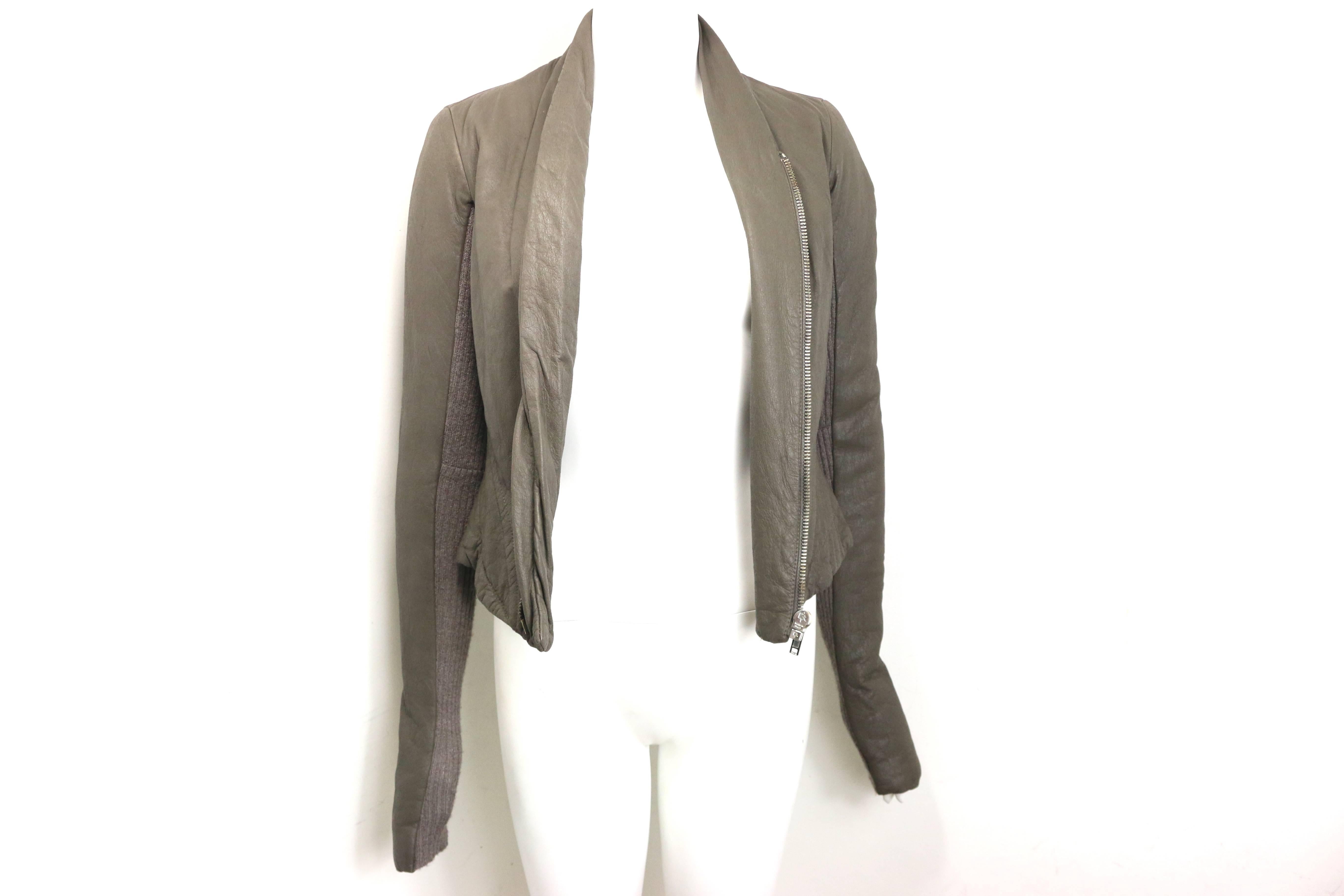 Rick Owens Taupe Grey Distressed Leather with Knitted Wool Cropped Jacket  1