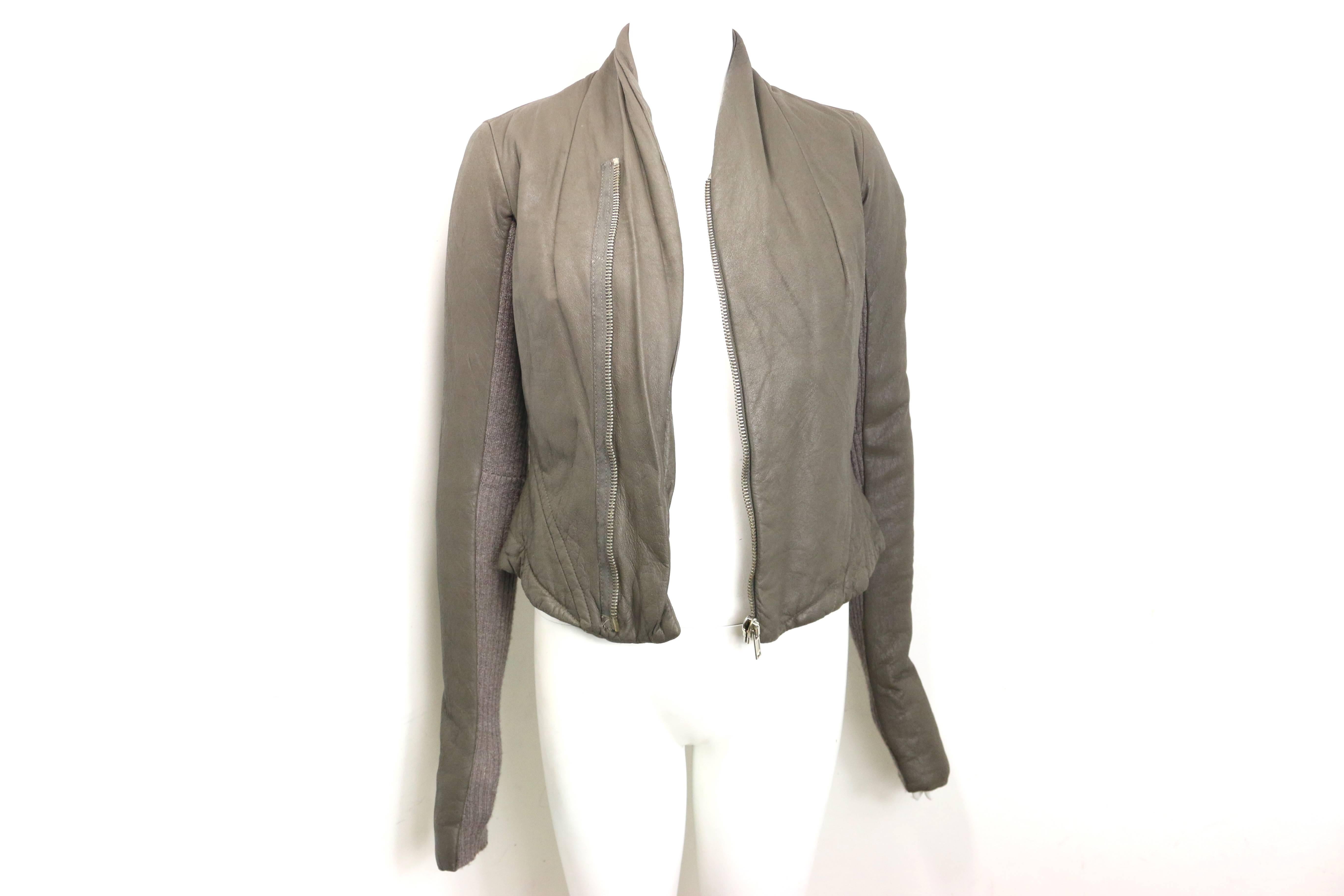 Rick Owens Taupe Grey Distressed Leather with Knitted Wool Cropped Jacket  2