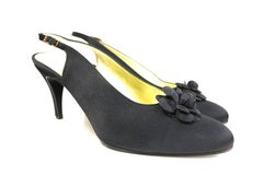 Chanel Black Silk Camellia Slingback Heels