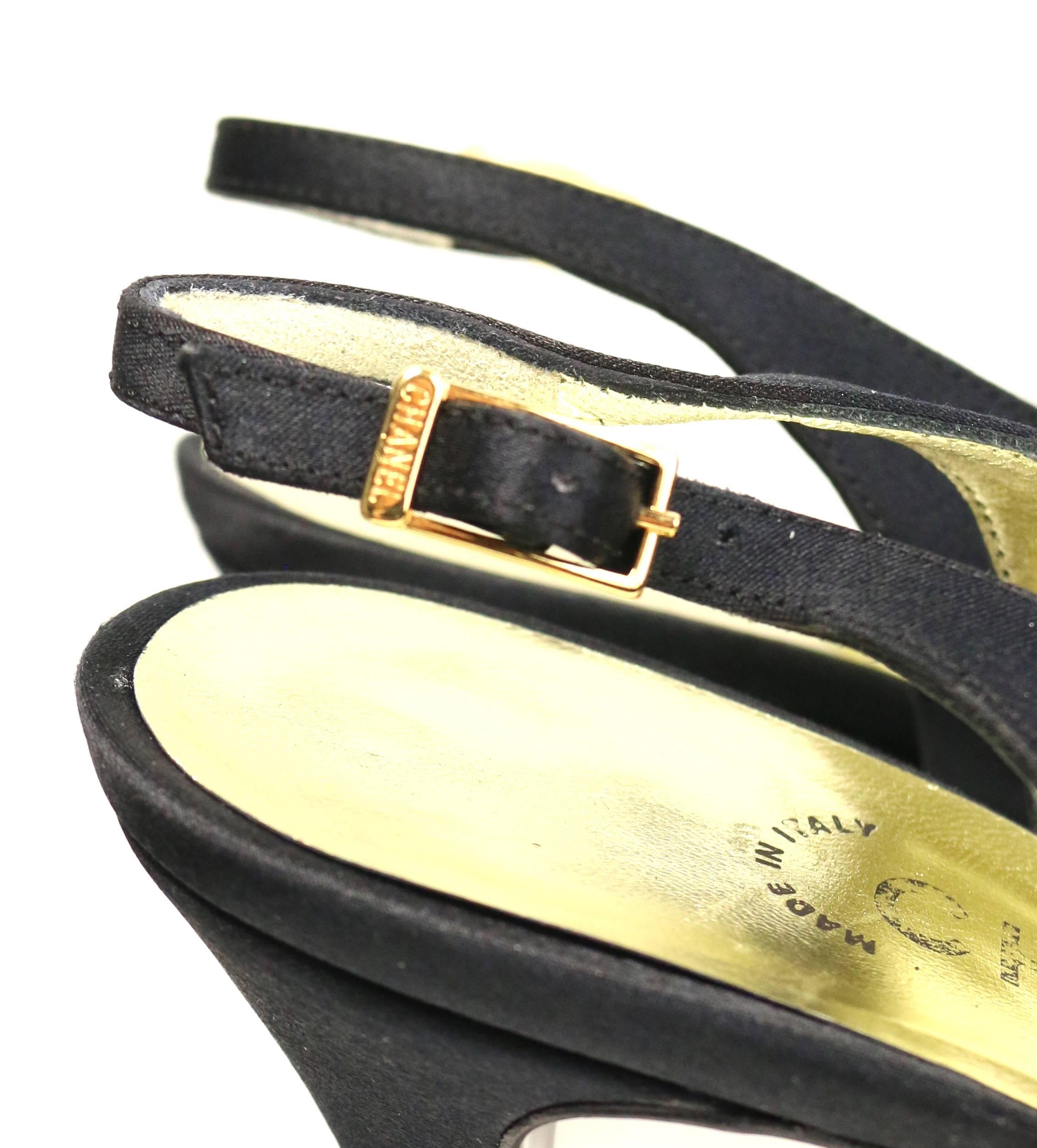 Chanel Black Silk Camellia Slingback Heels  In Excellent Condition In Sheung Wan, HK