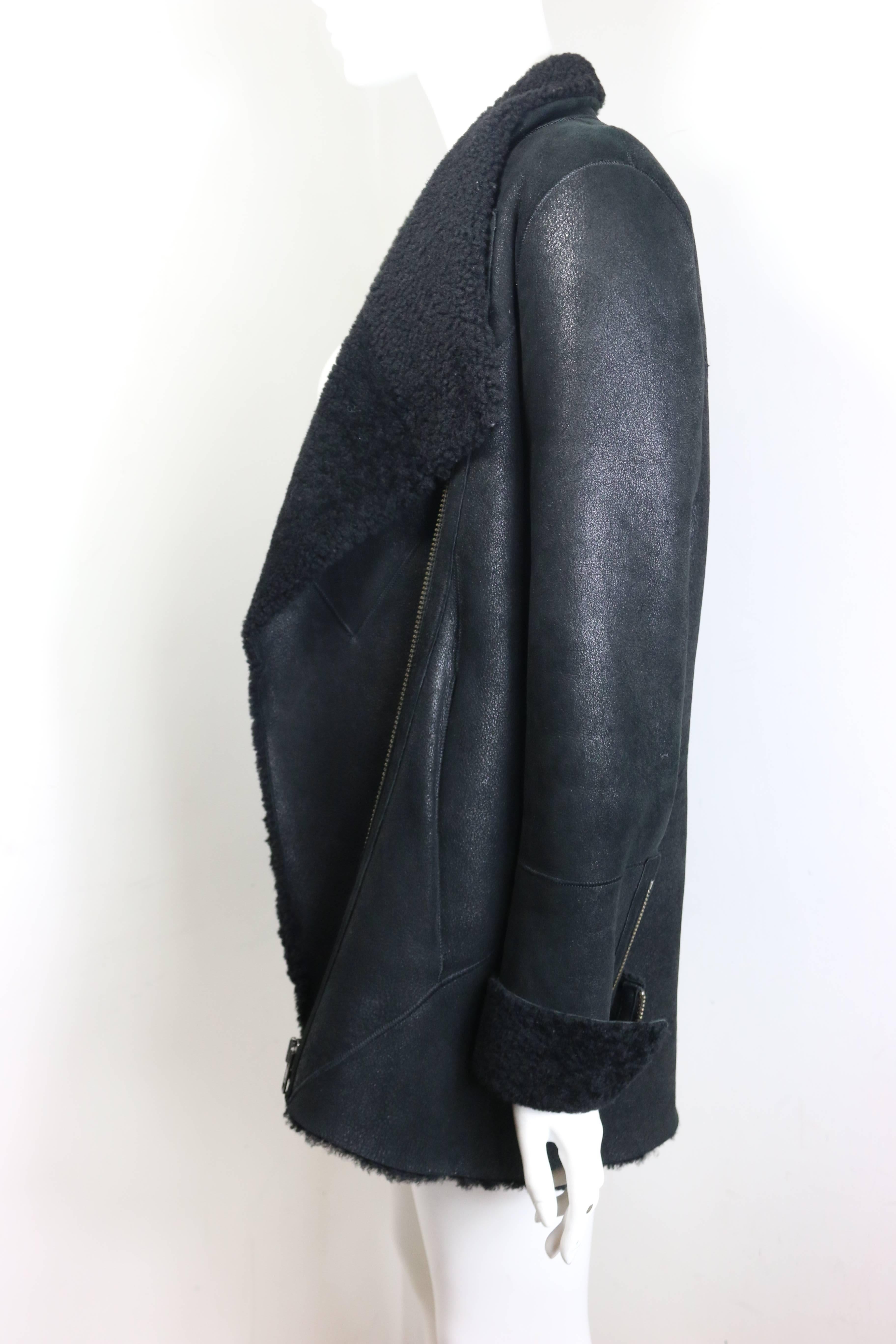 Women's Helmut Lang Black Lambskin Leather Wrecked Shearling Jacket