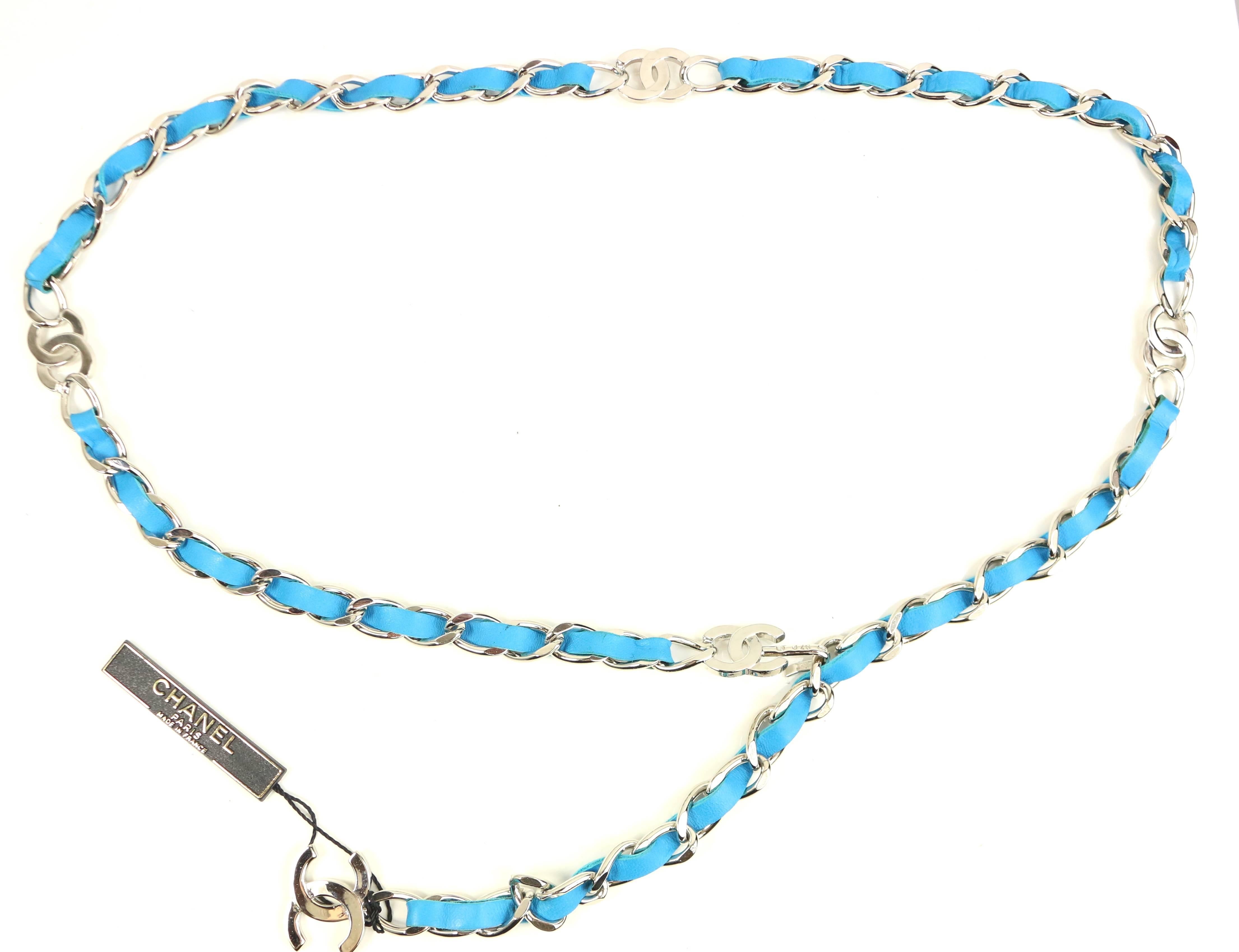 - Vintage 1997 pre collection Chanel turquoise lambskin leather silver chain belt. 

- Silver toned 
