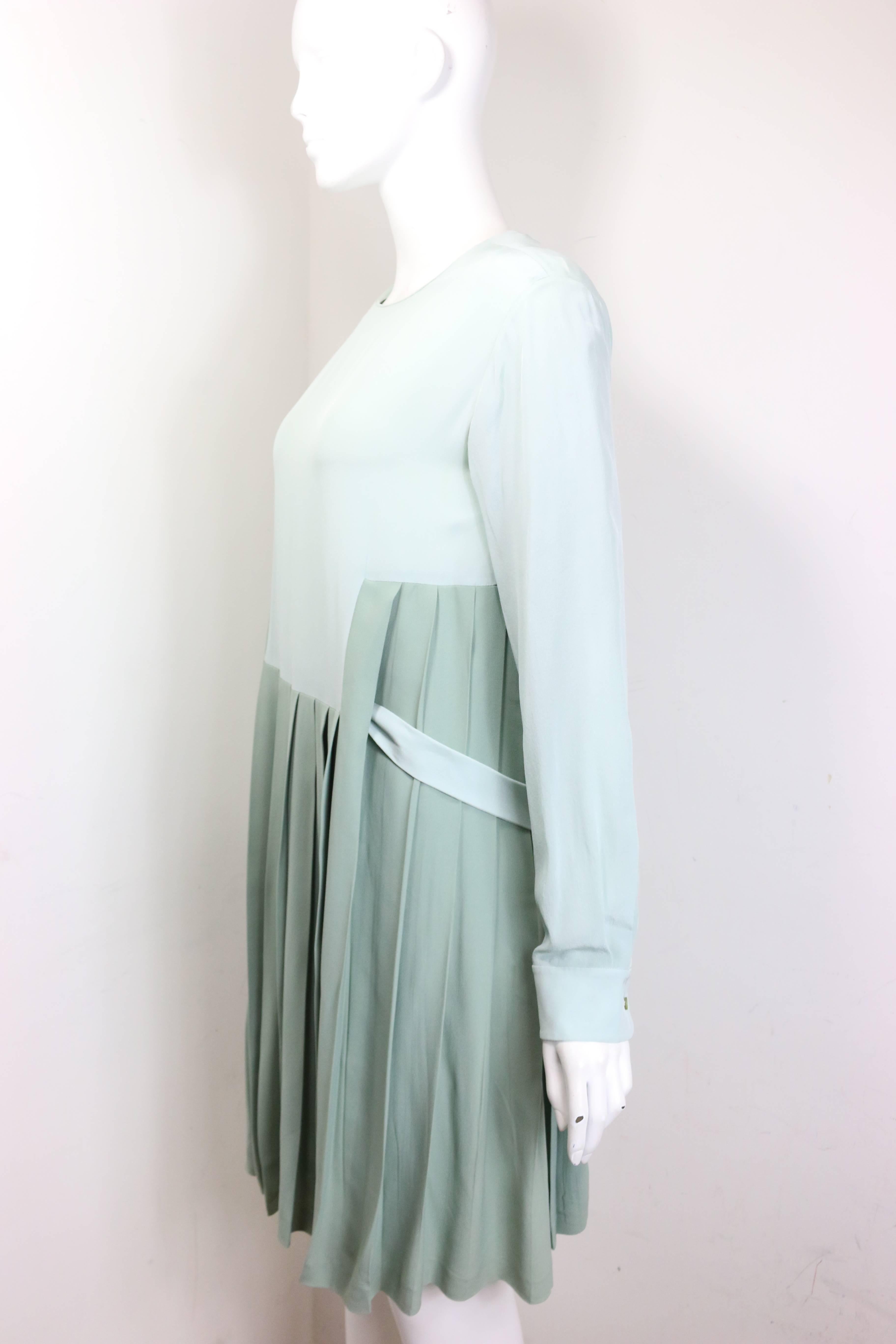 Gray Chloe Green Silk Two-Tone Pleated Long Sleeves Dress 