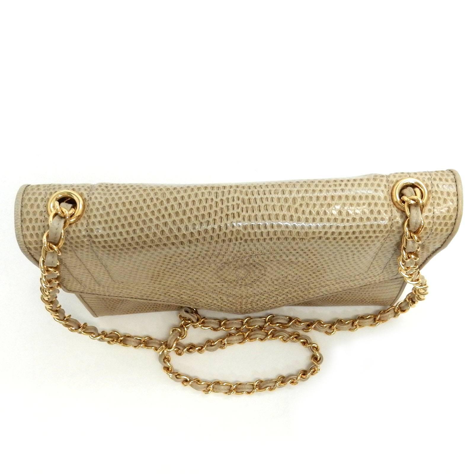 Women's Chanel Ivory and Beige Lizard Leather Flap with Gold Chain Strap Shoulder Bag 
