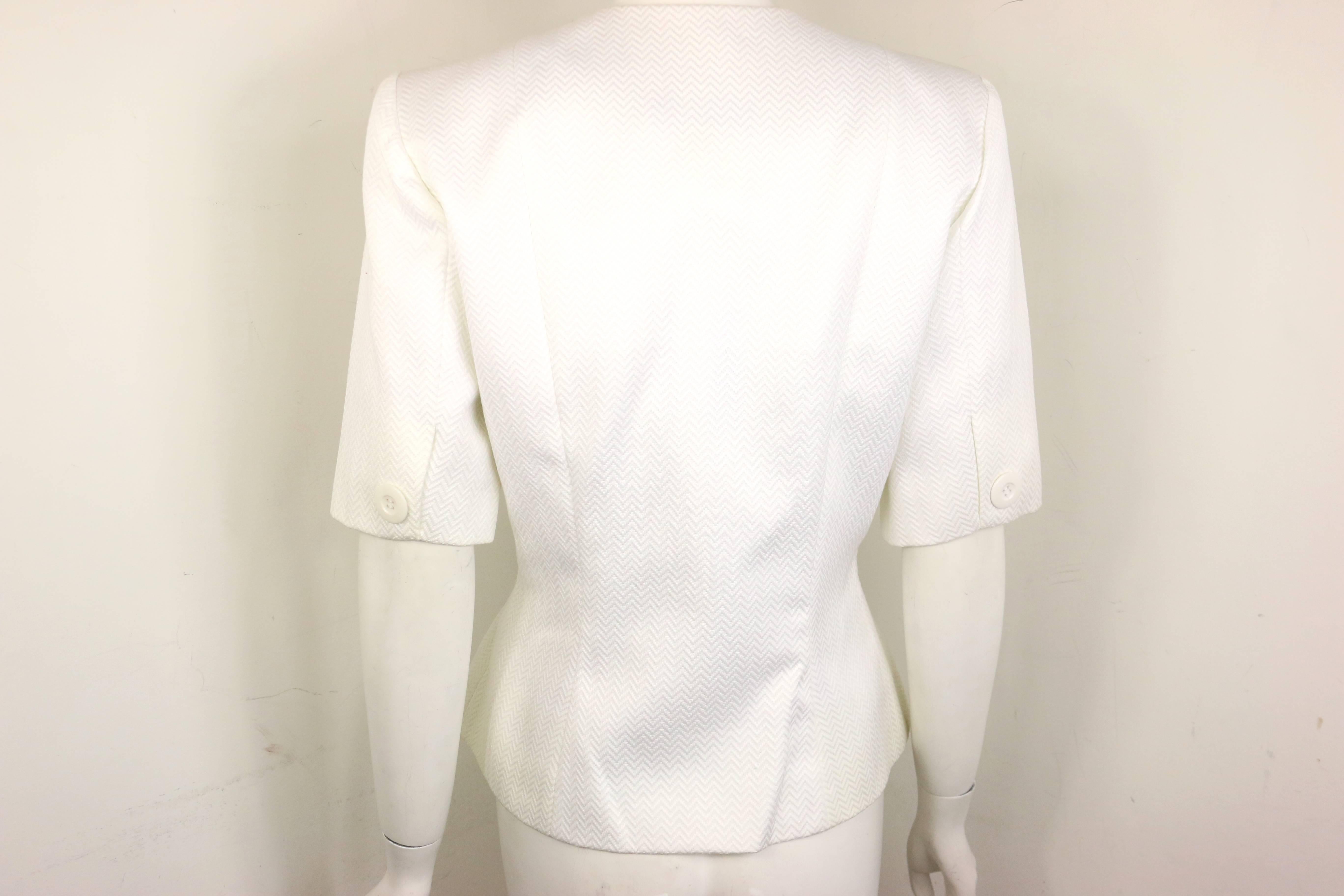 Yves Saint Laurent White Cotton Chevron Pattern Short Sleeves Blazer  In New Condition In Sheung Wan, HK