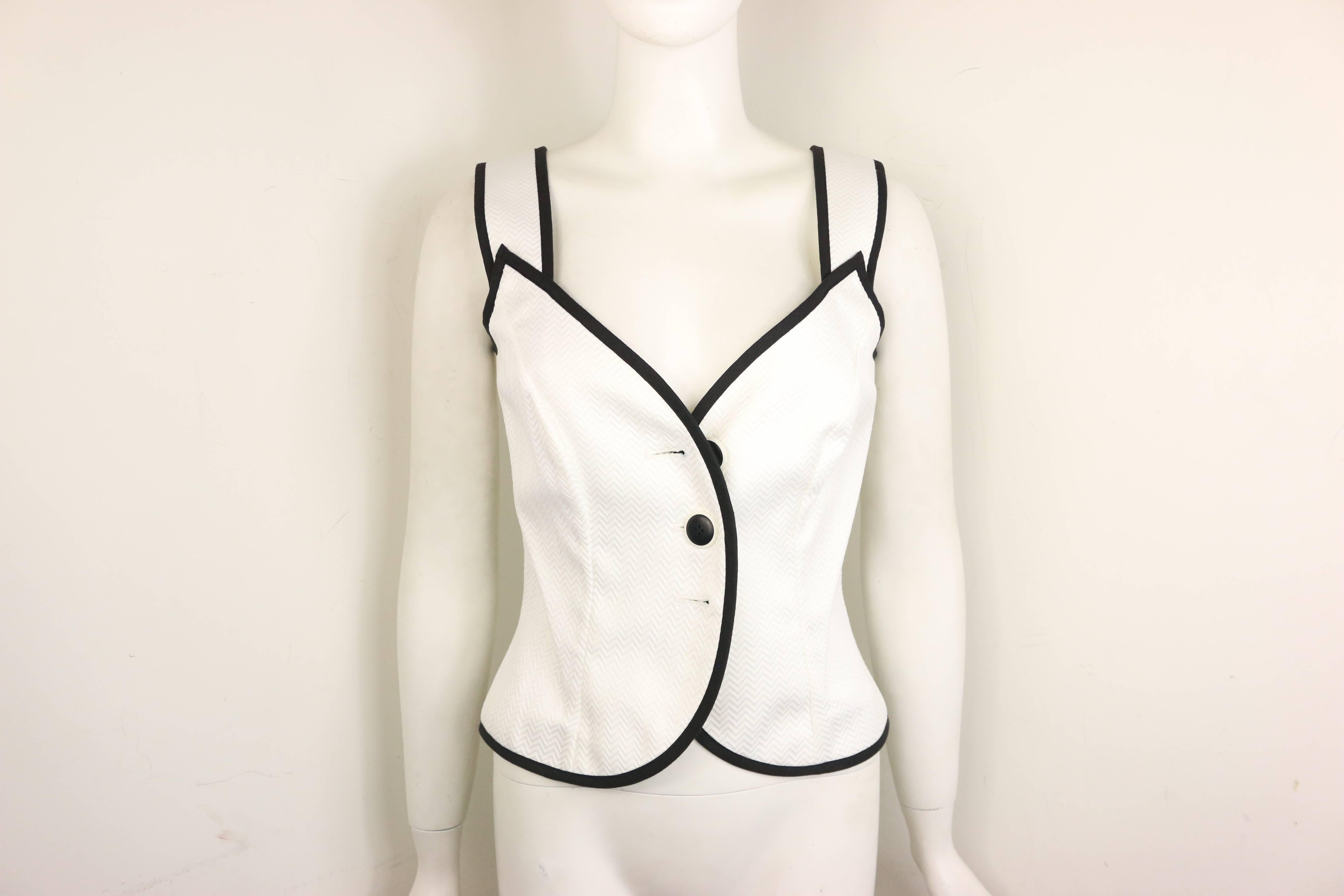 Women's Yves Saint Laurent White Cotton Chevron Pattern Black Piping Trim Tank Top Vest 