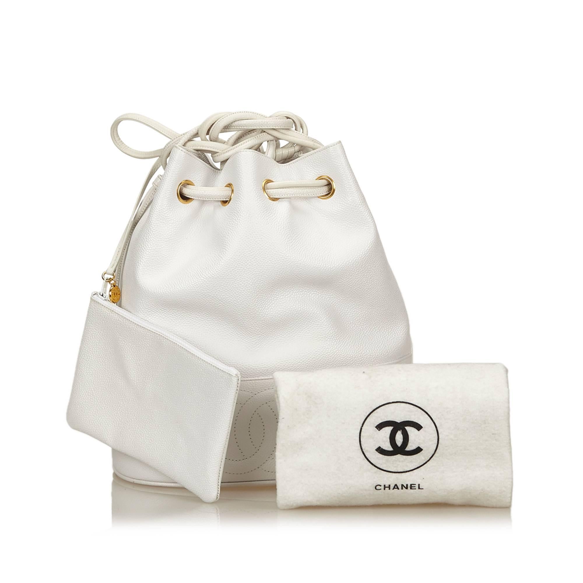 Chanel White Caviar Leather Drawstring Shoulder Bucket Bag 2