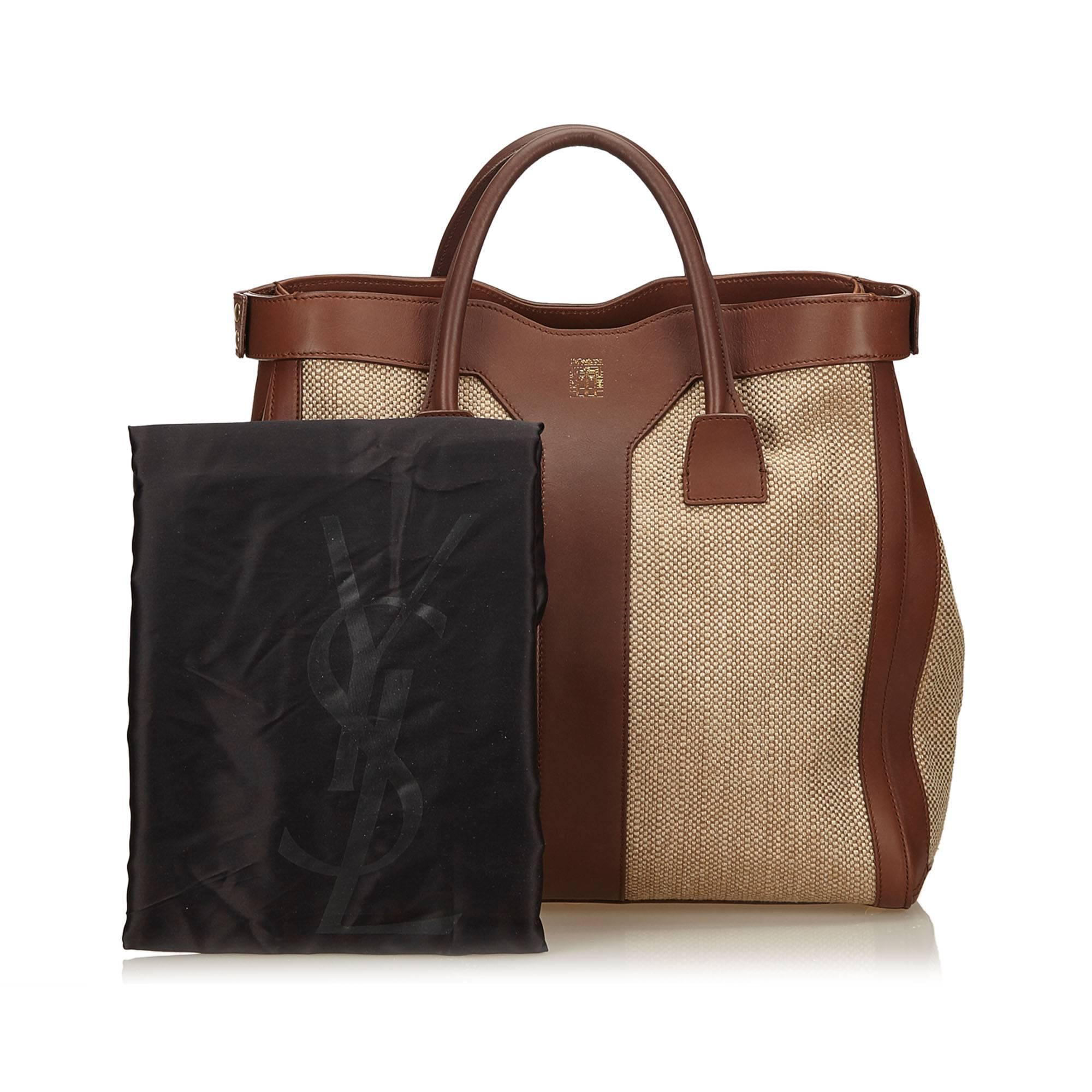 YSL Brown and Beige Woven and Linen Y Tote Bag 3